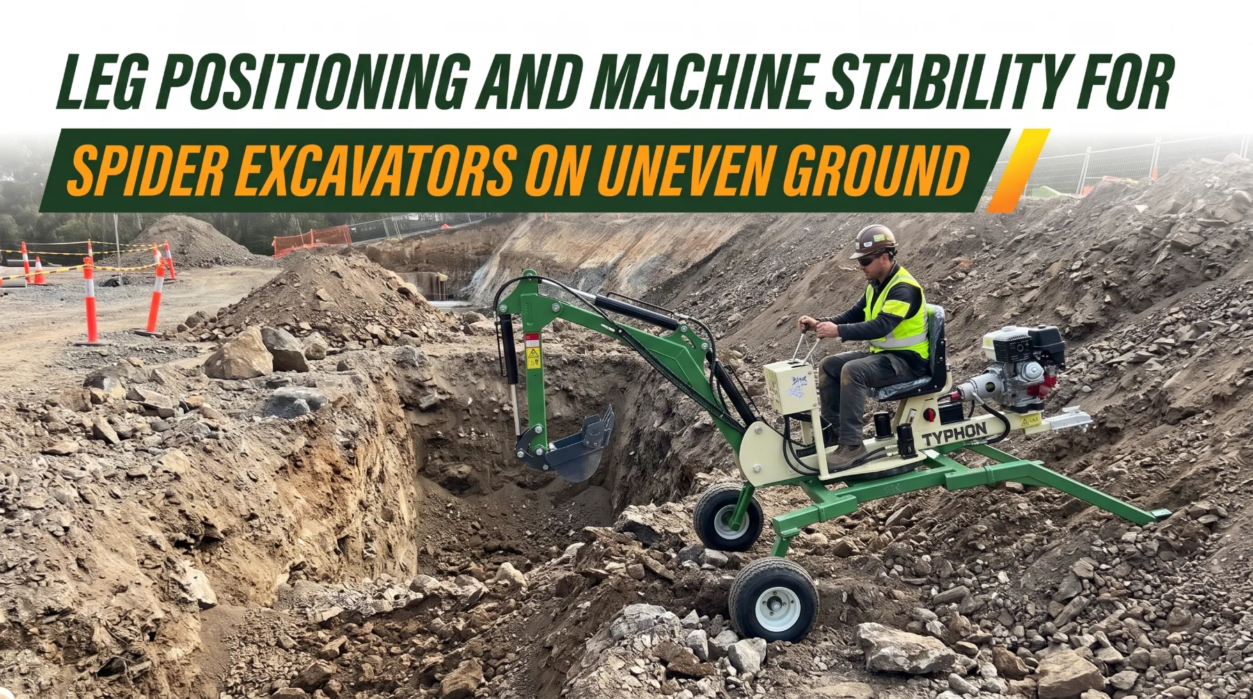 Spider excavator working on uneven ground
