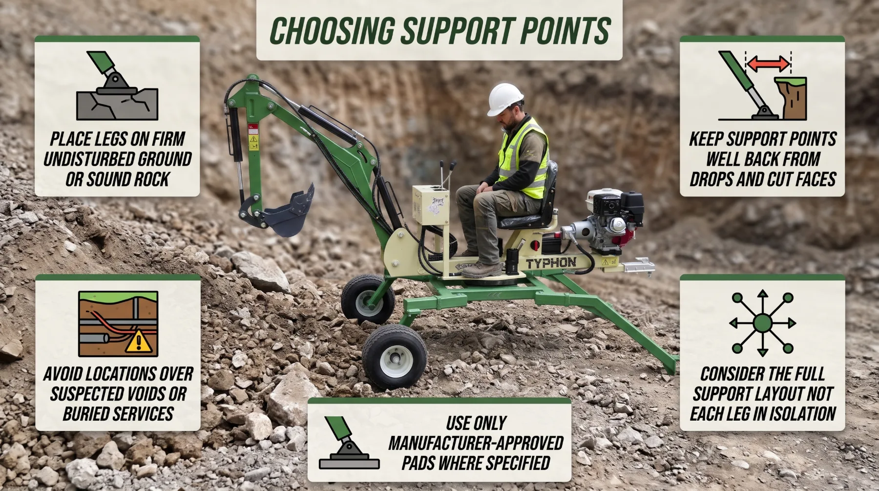 Choosing stable support points for a spider excavator