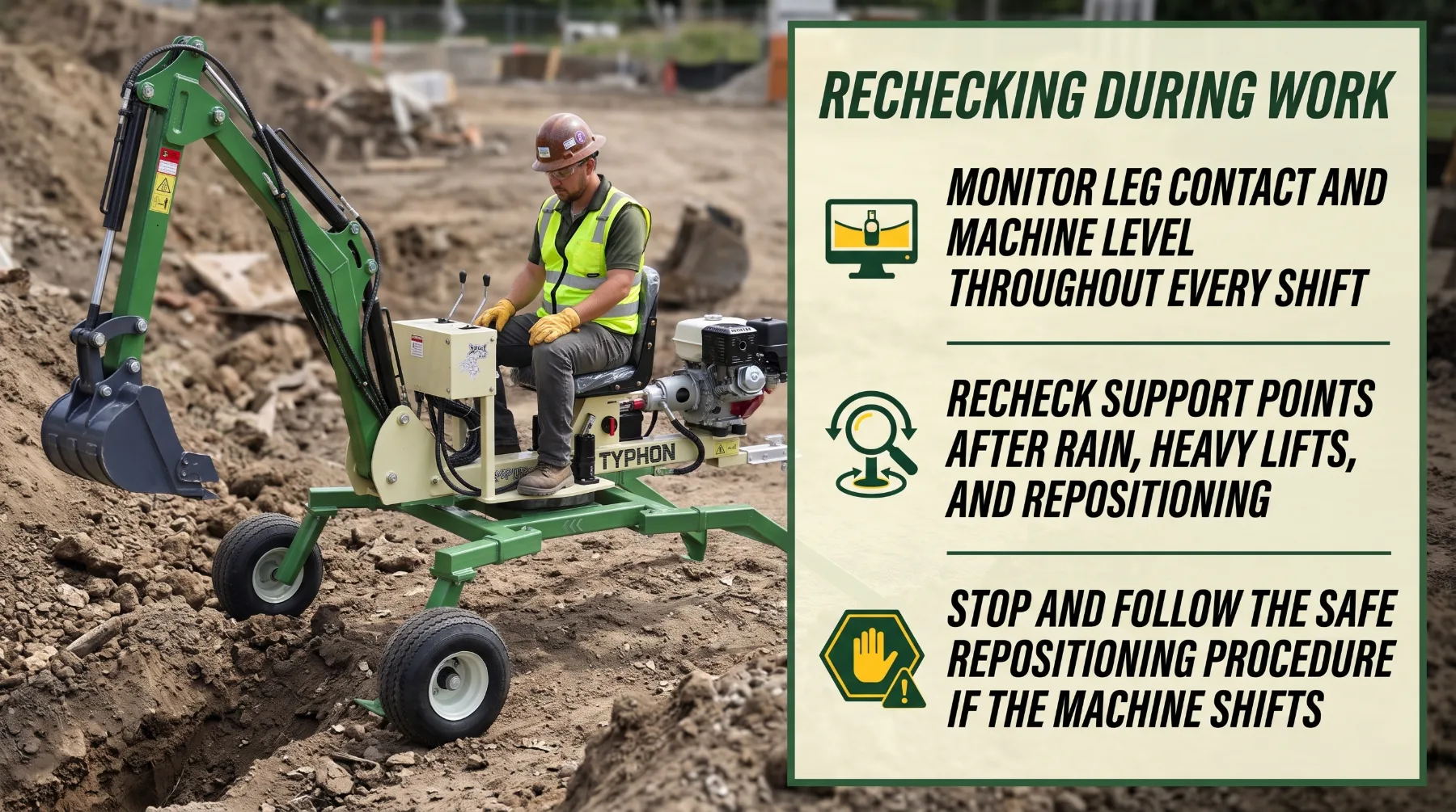 Rechecking spider excavator stability during work