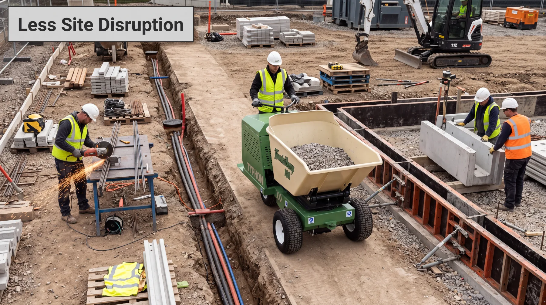 Compact dumper reducing disruption on a jobsite