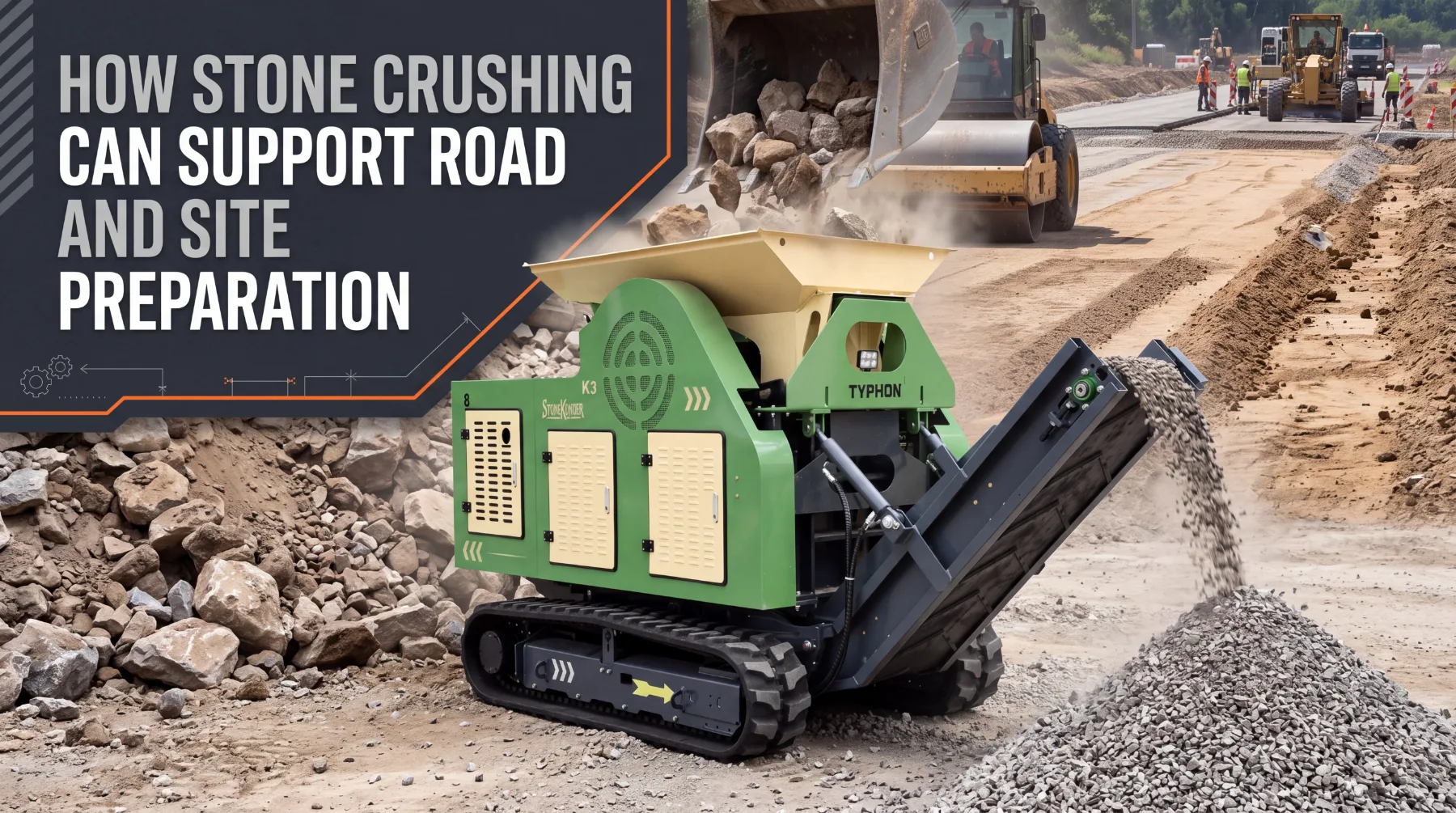 Stone crushing for road and site preparation