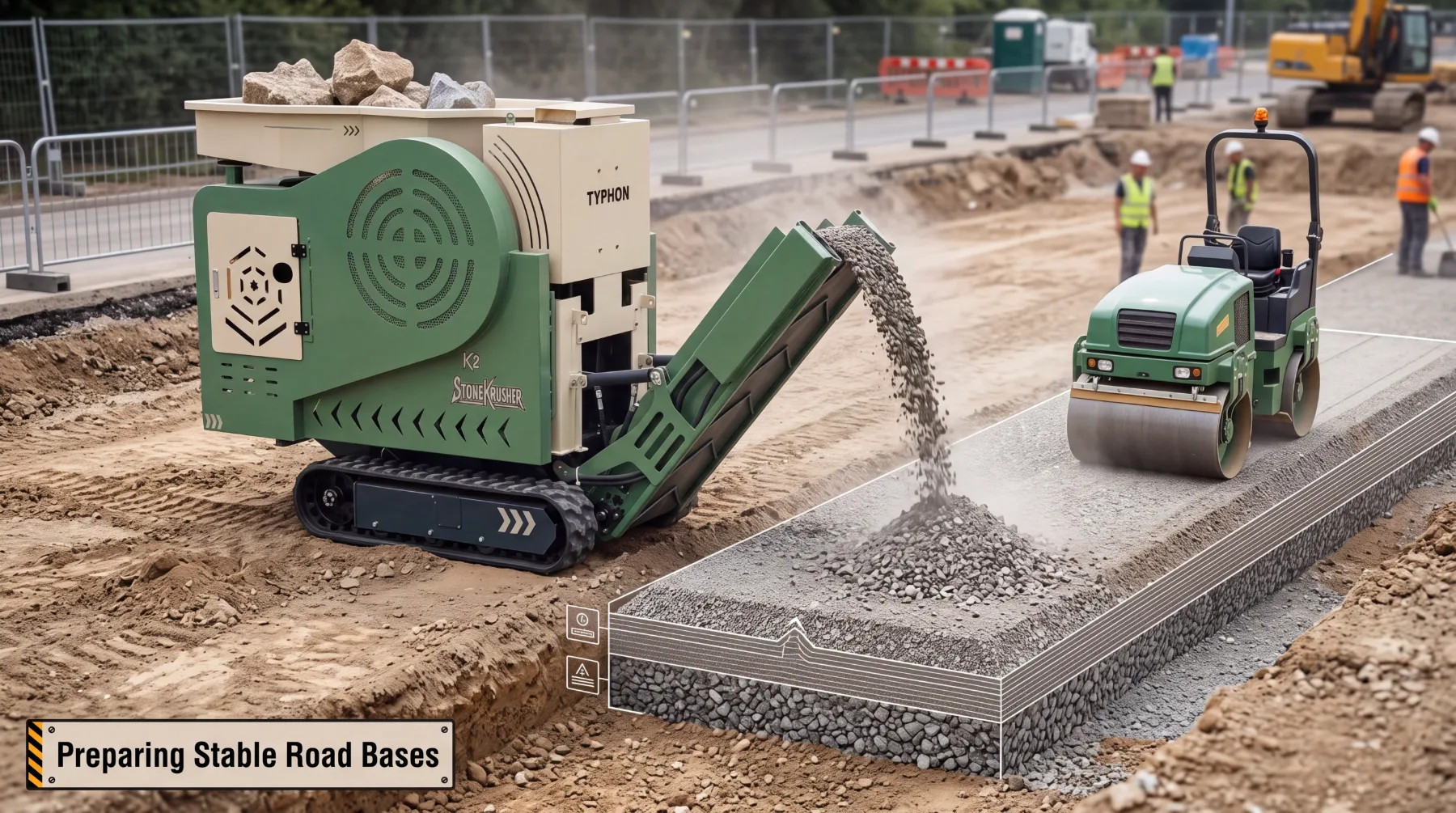 Stone crushing for road and site preparation