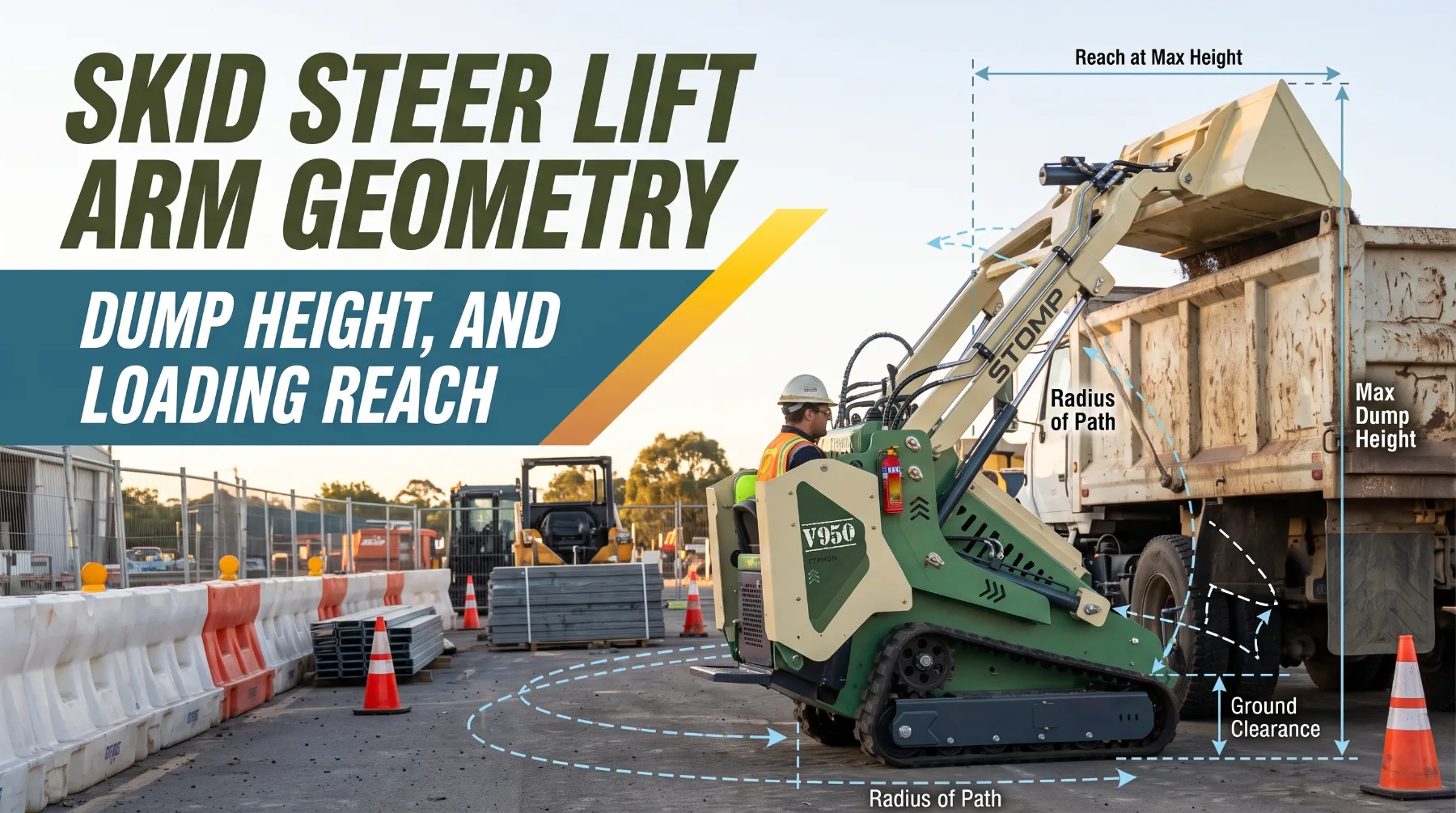 Skid steer lift arm geometry, dump height, and loading reach
