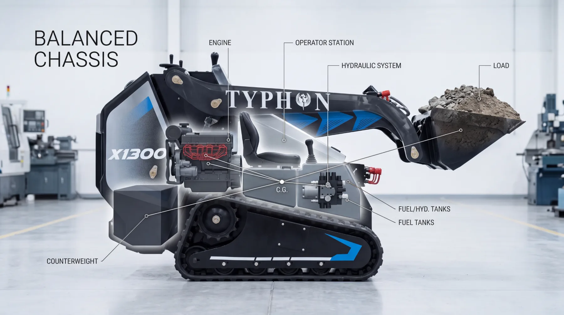 Balanced skid steer chassis layout