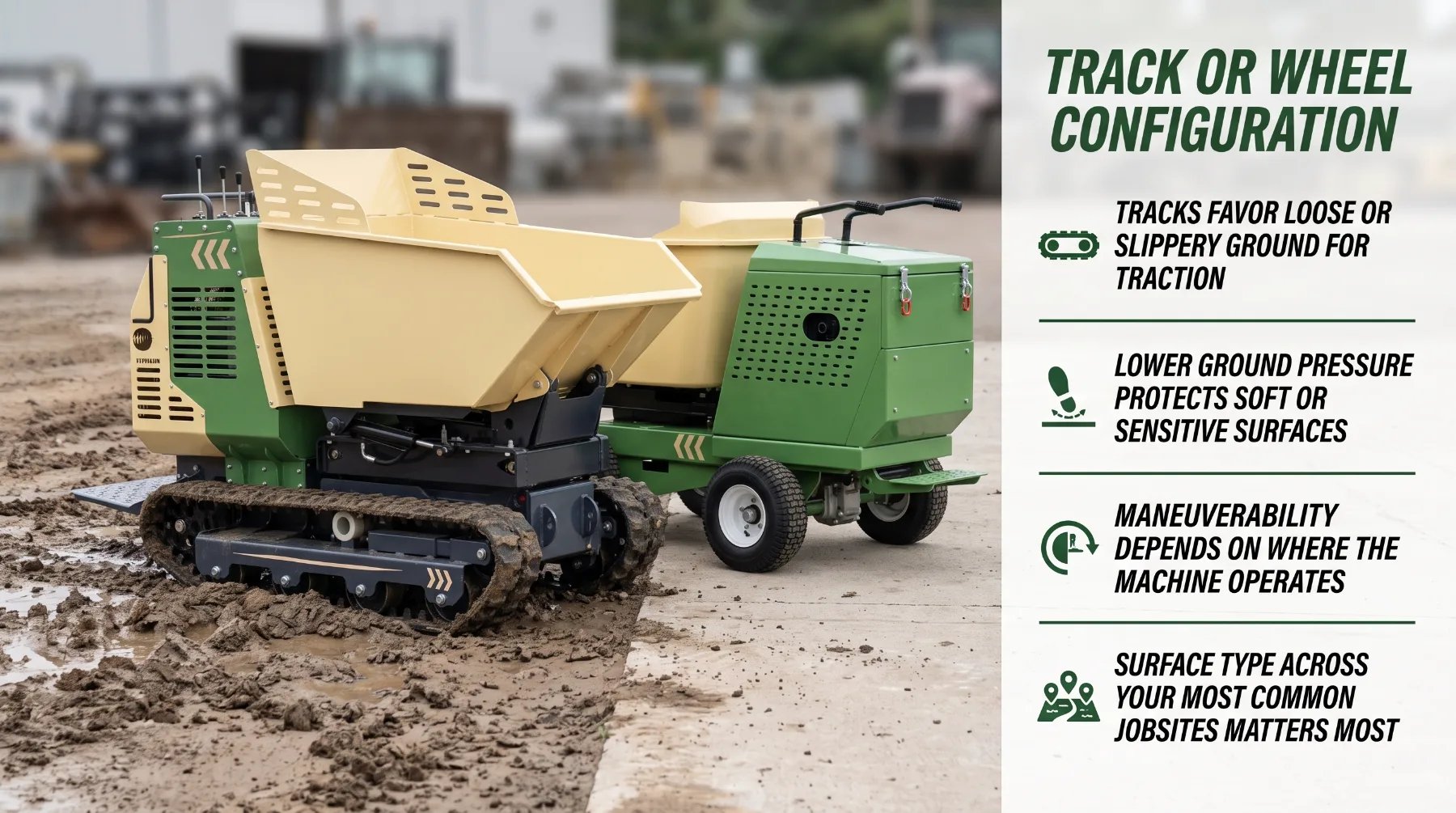 Dumper track or wheel configuration