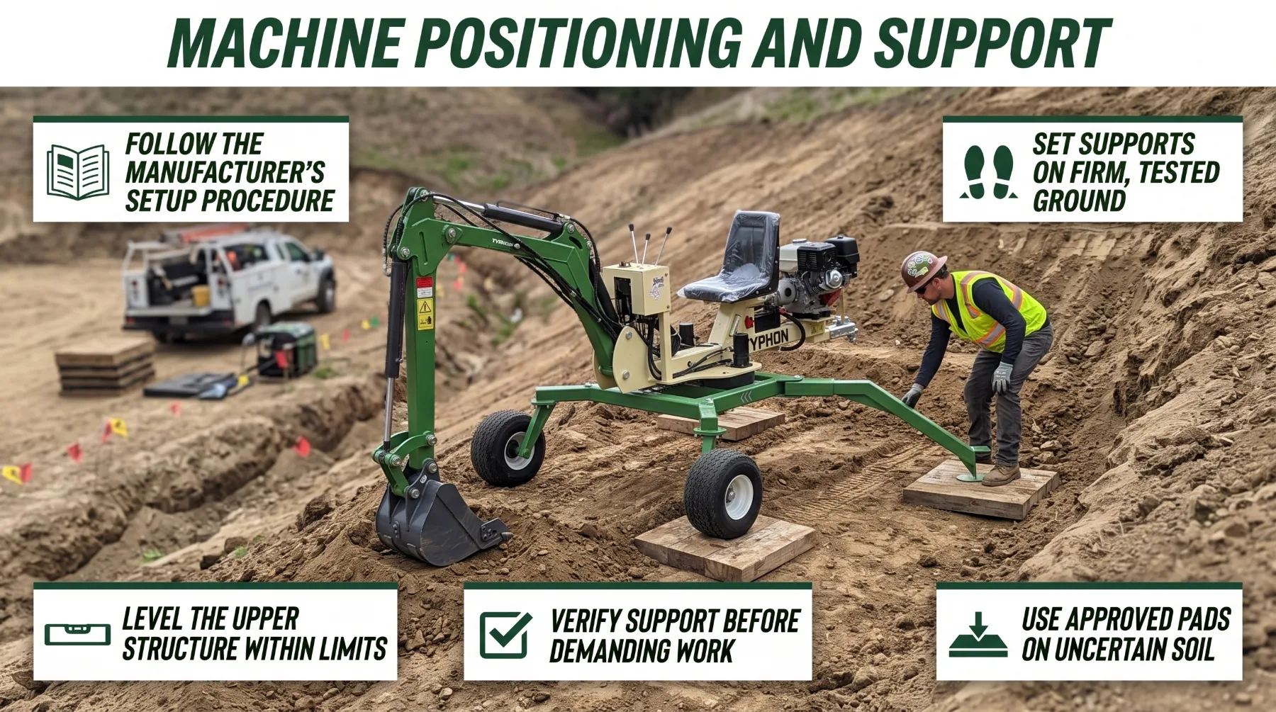 Spider mini excavator machine positioning and support on uneven ground