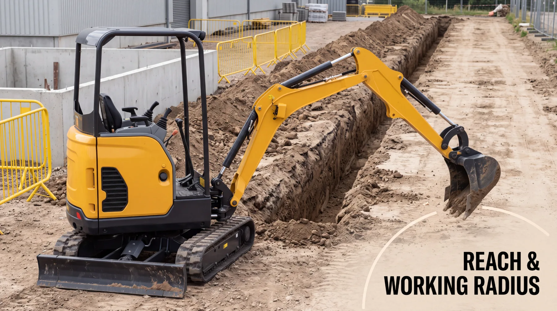 Excavator reach and working radius