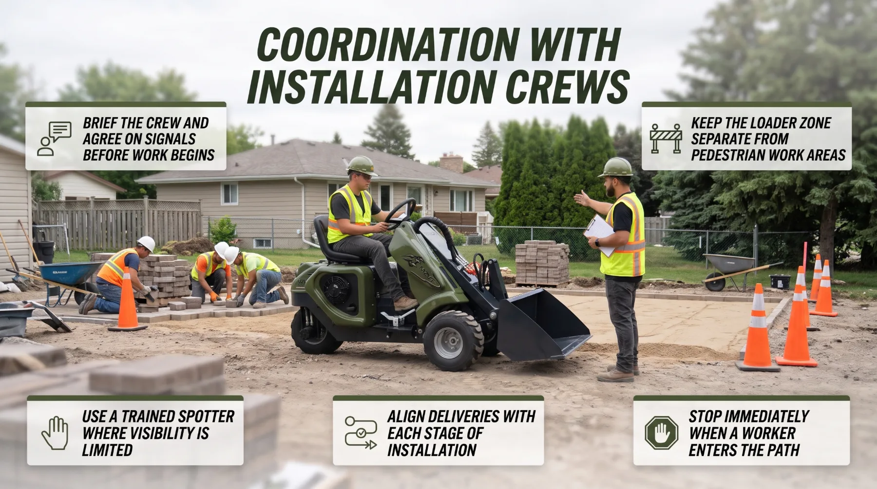 Coordinating compact tri-loader operations with hardscape installation crews