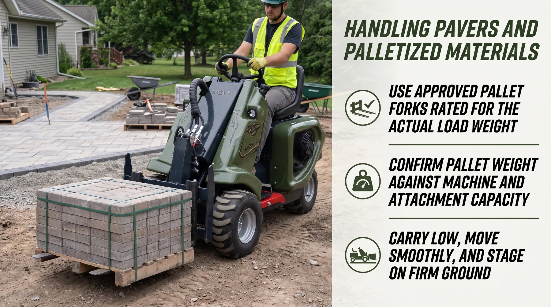 Handling pavers and palletized materials with a compact tri-loader