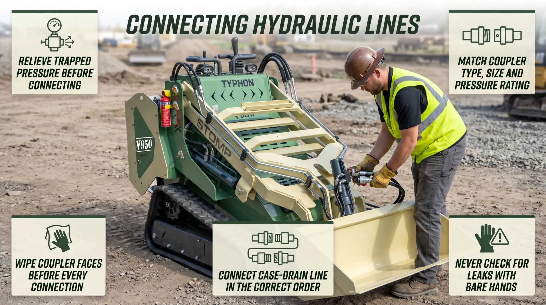 Connecting hydraulic lines safely on a skid steer loader