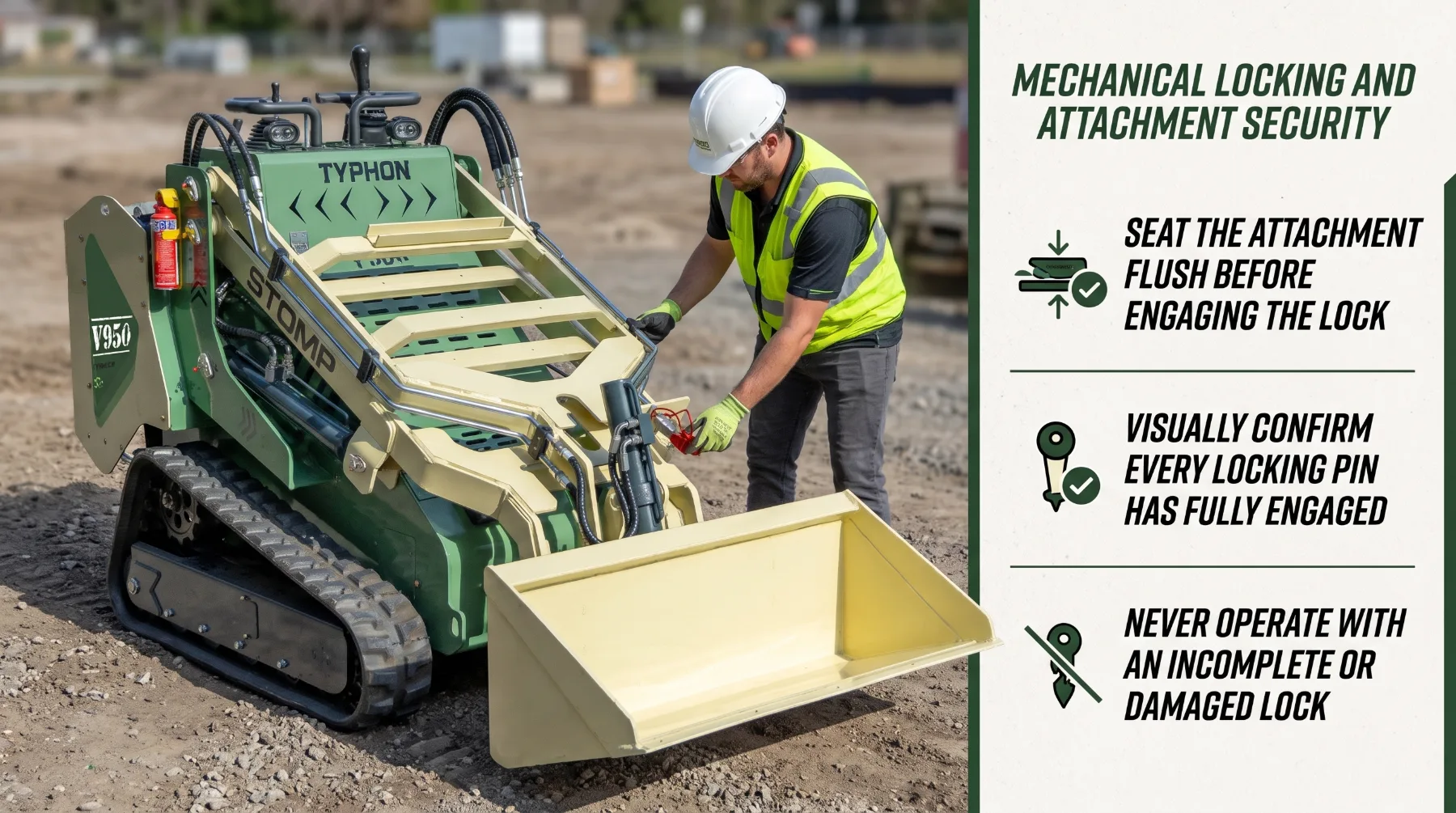 Mechanical locking and attachment security for skid steer loaders