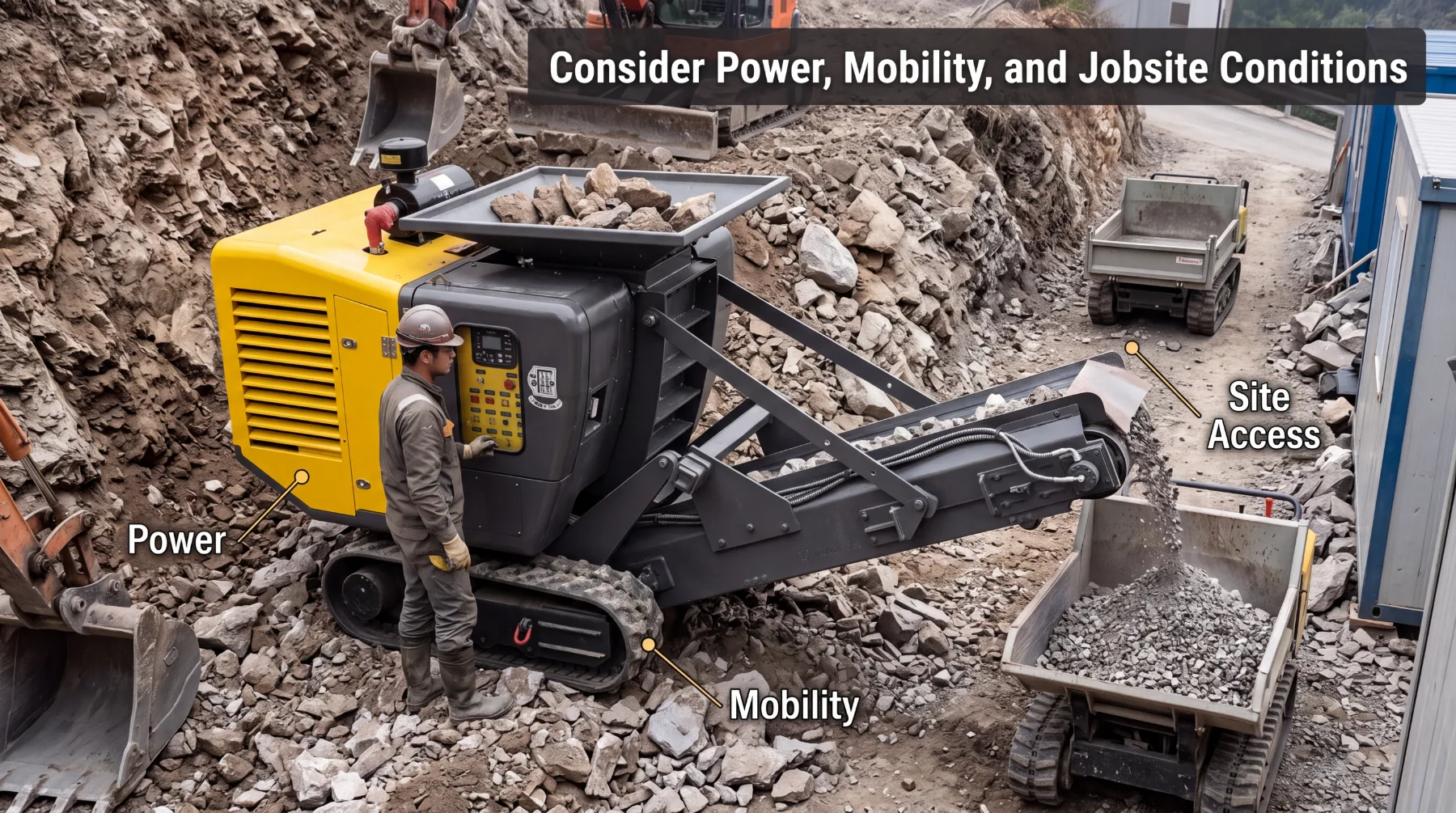 Consider crusher power mobility and jobsite conditions