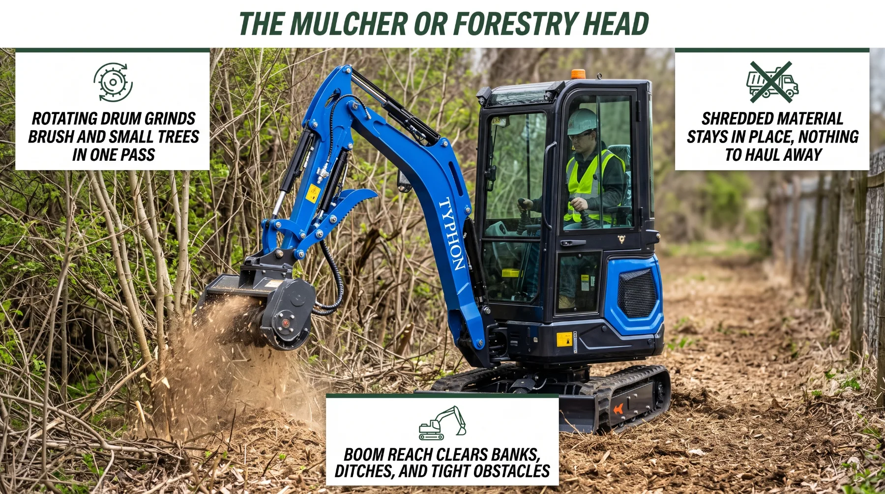 Mini excavator mulcher or forestry head attachment