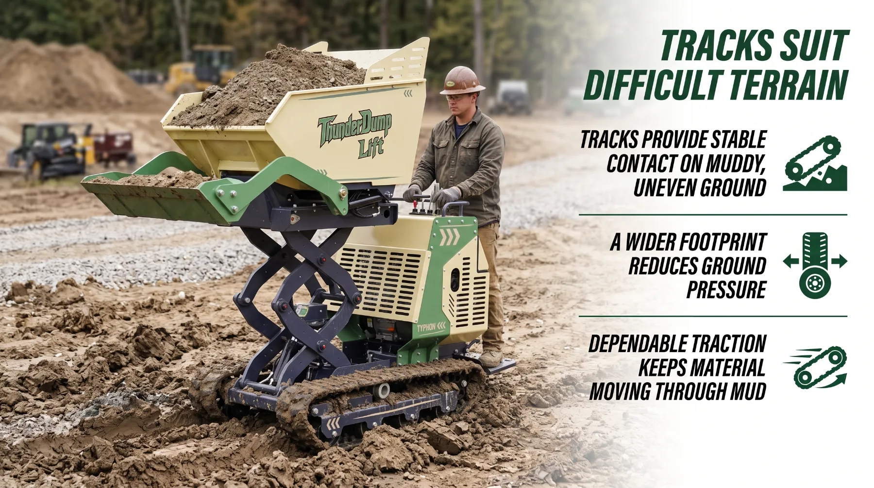 Tracked dumper on difficult terrain