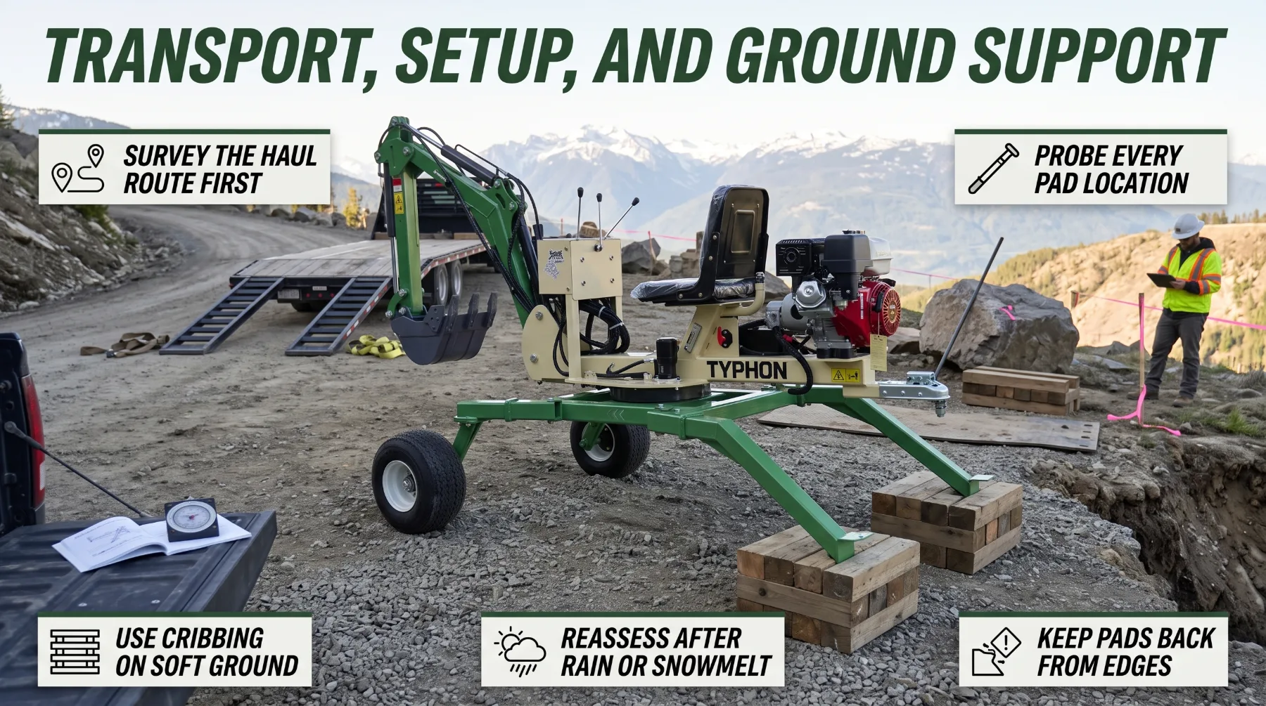 Transport, setup, and ground support for a mini spider excavator
