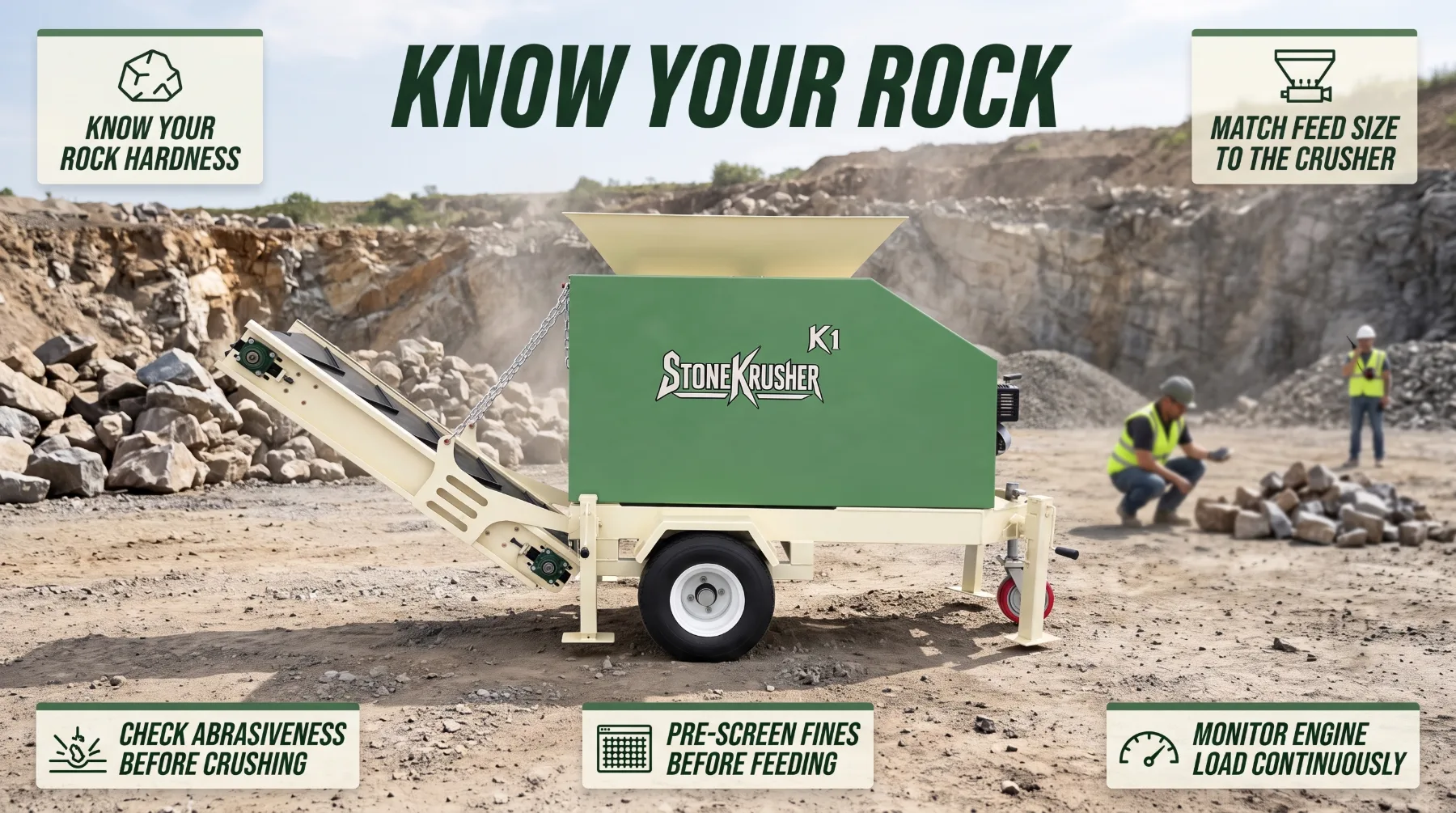 Assessing rock hardness and feed size for a stone crusher