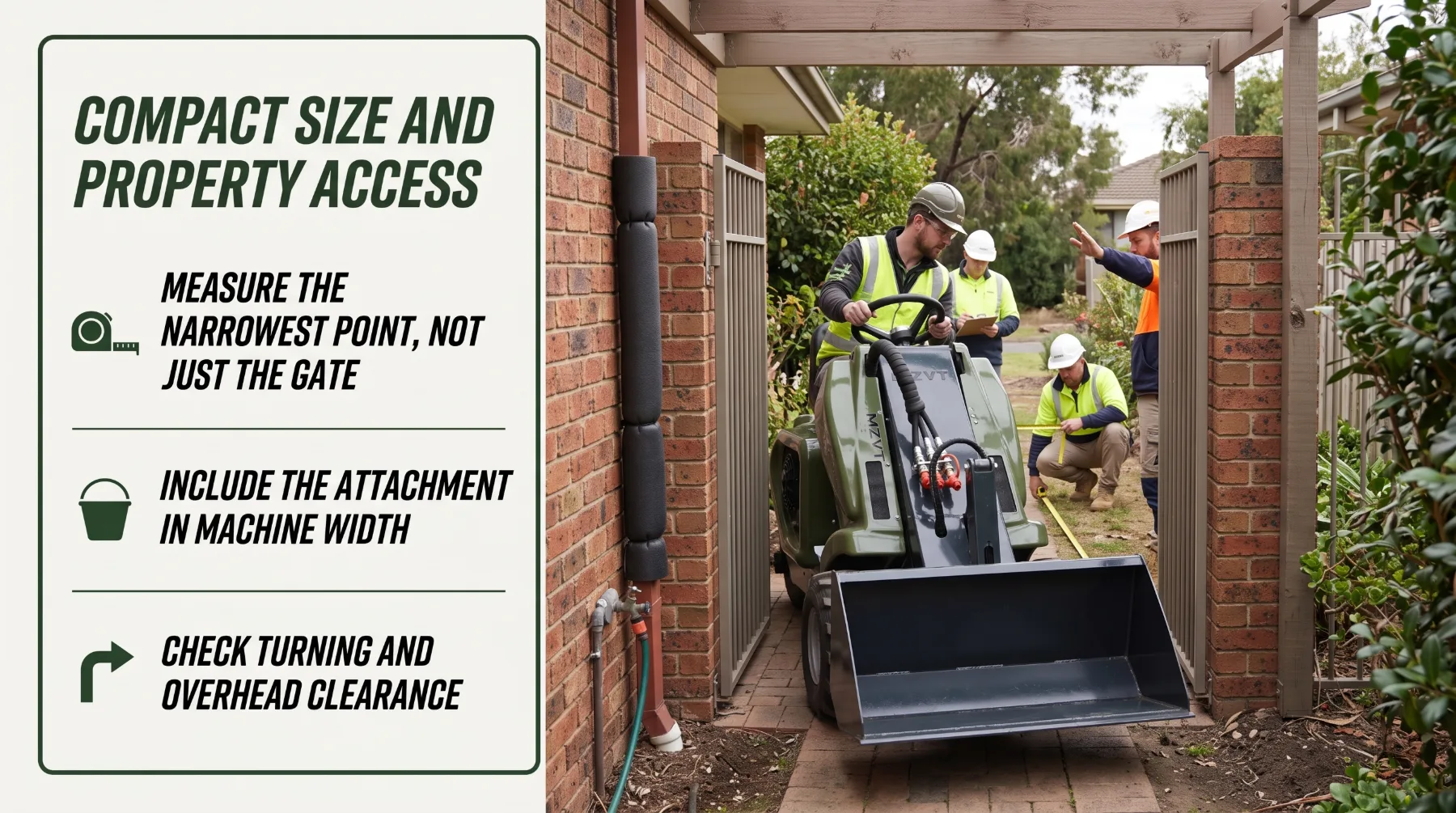 Compact tri-loader accessing a narrow property entrance