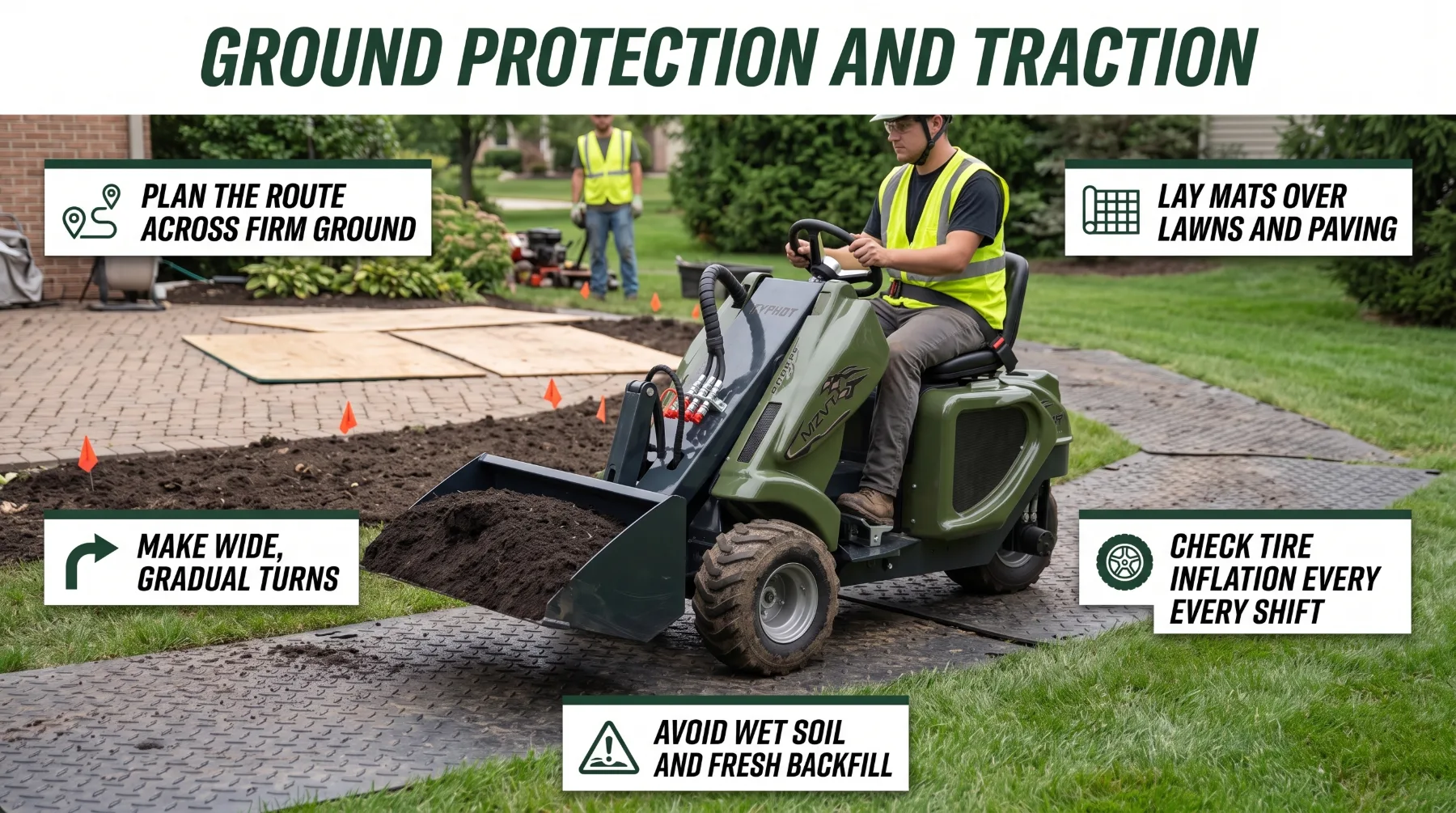 Ground protection and traction tips for compact tri-loader operation