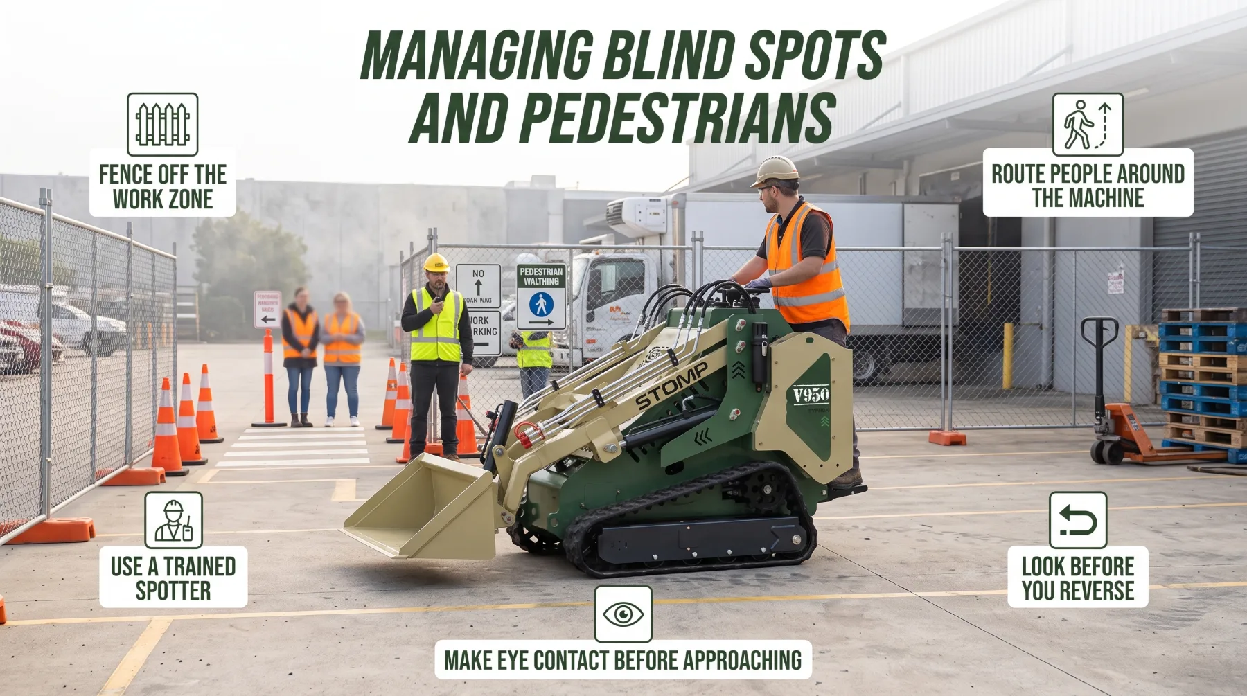 Operator controls and visibility for safe skid steer operation