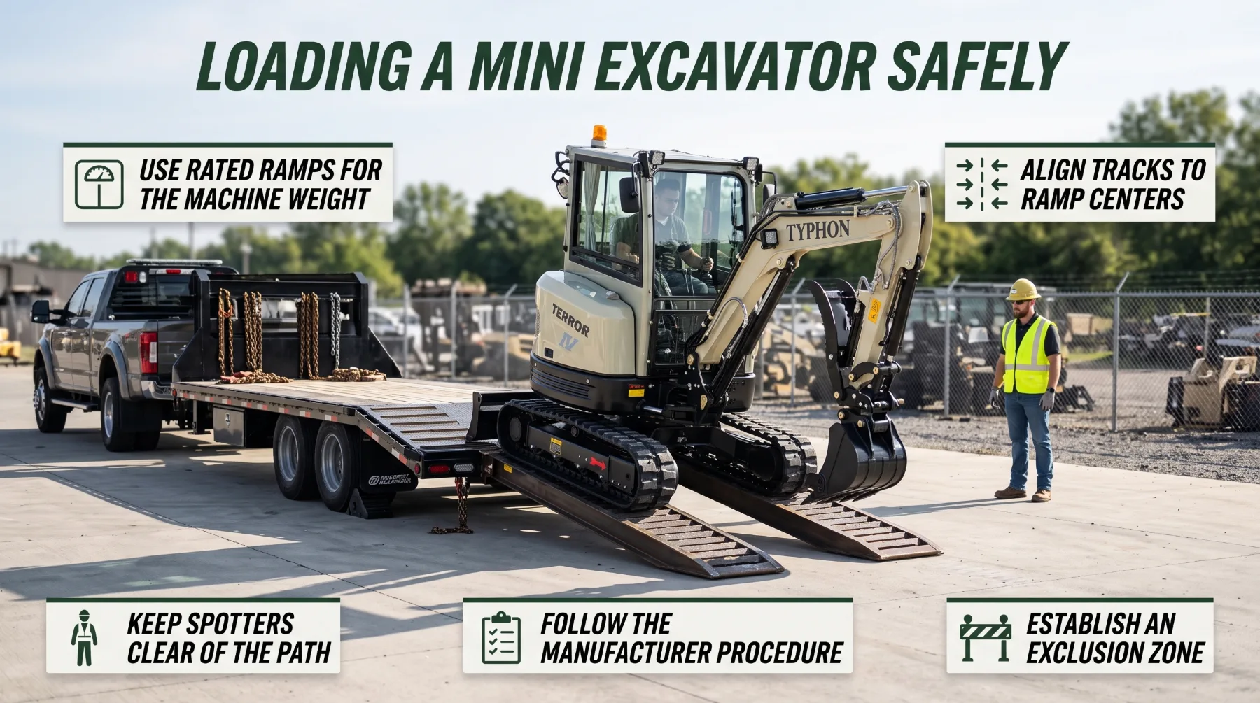 Loading a mini excavator safely onto a trailer