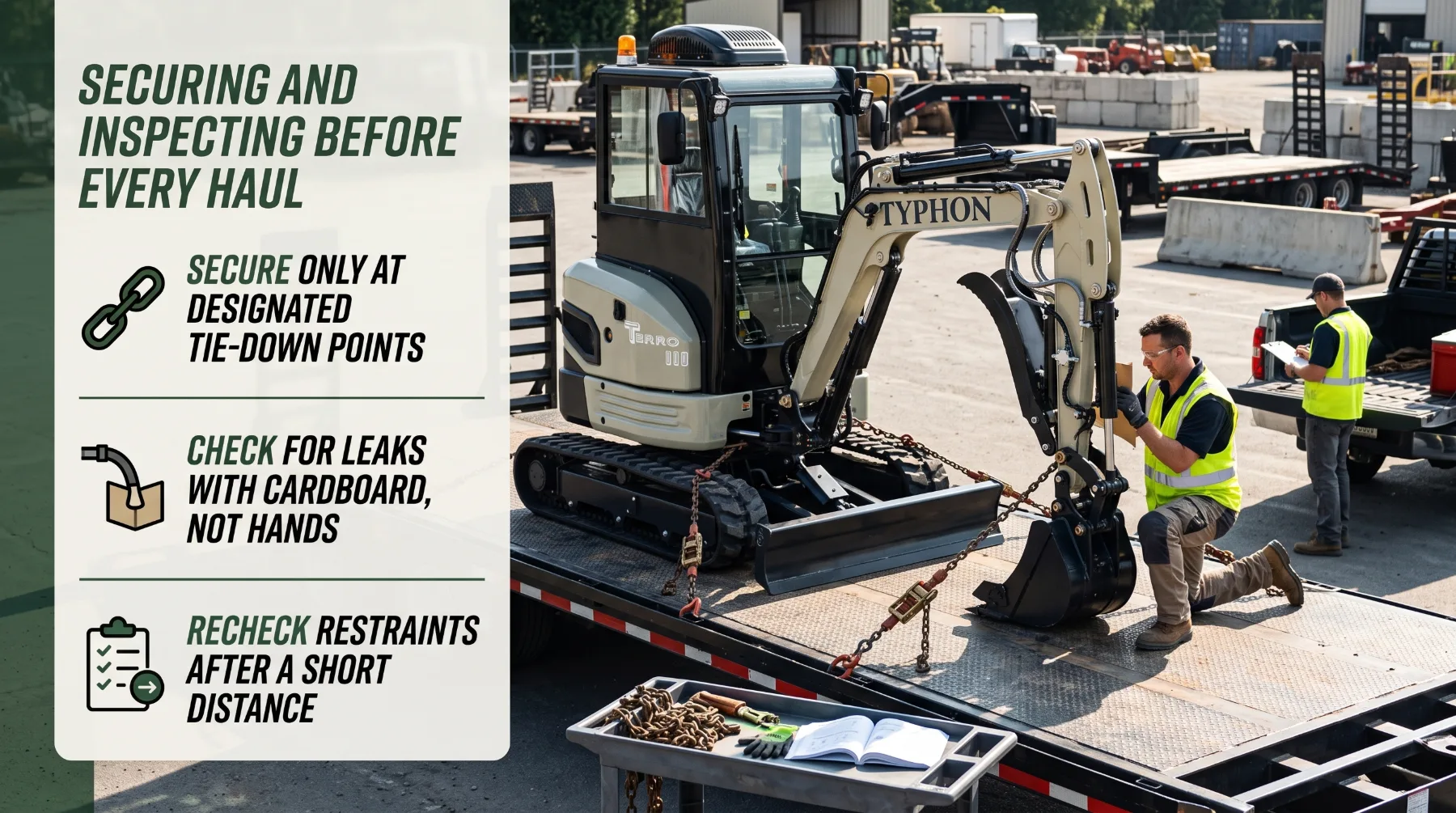 Securing and inspecting a mini excavator before transport