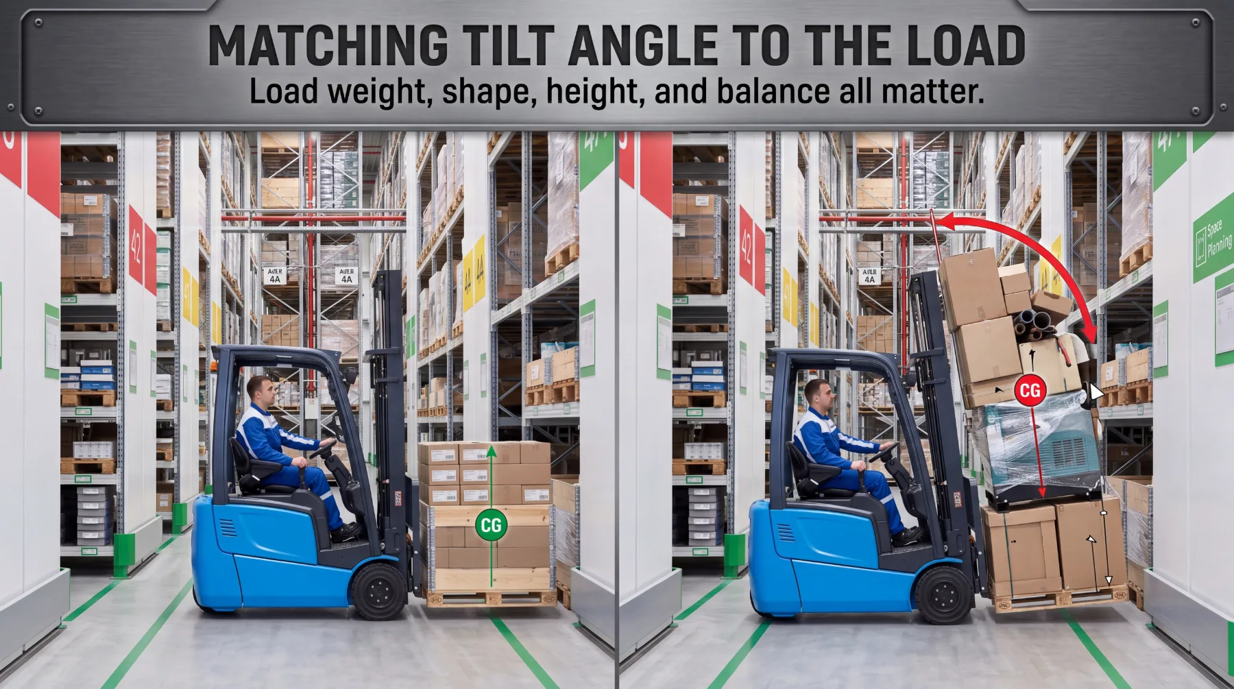 Forklift tilt angle and heavy load stability