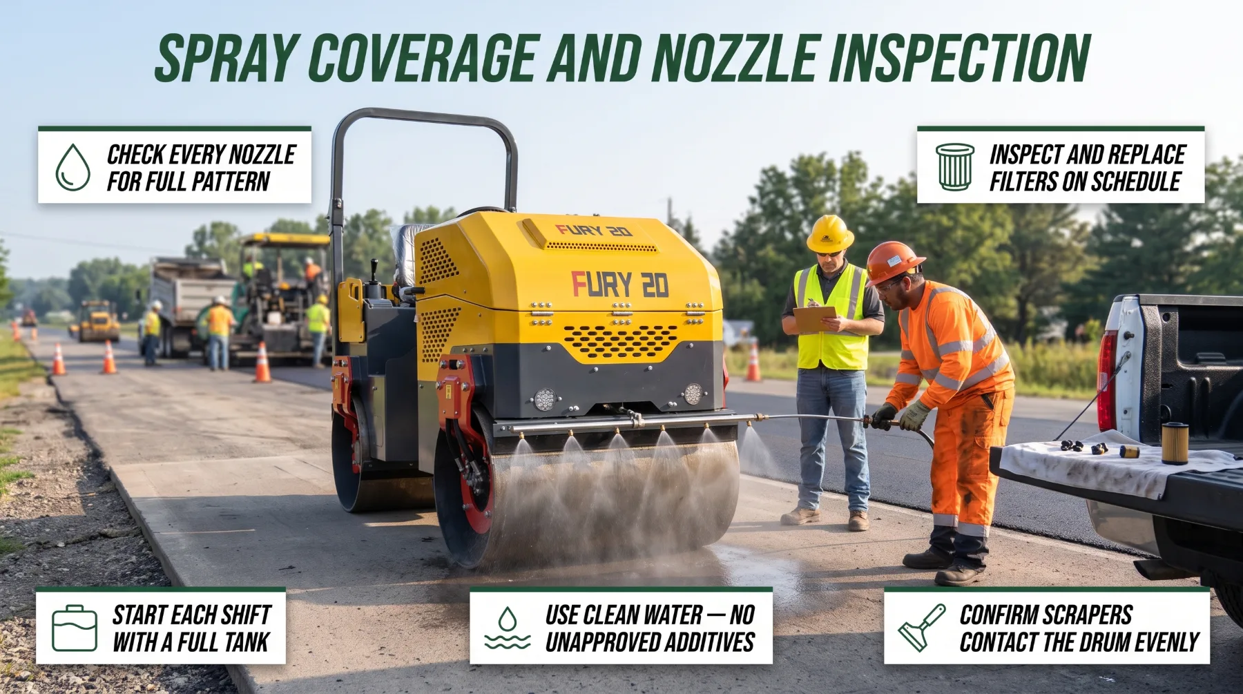 Road roller spray coverage and nozzle inspection