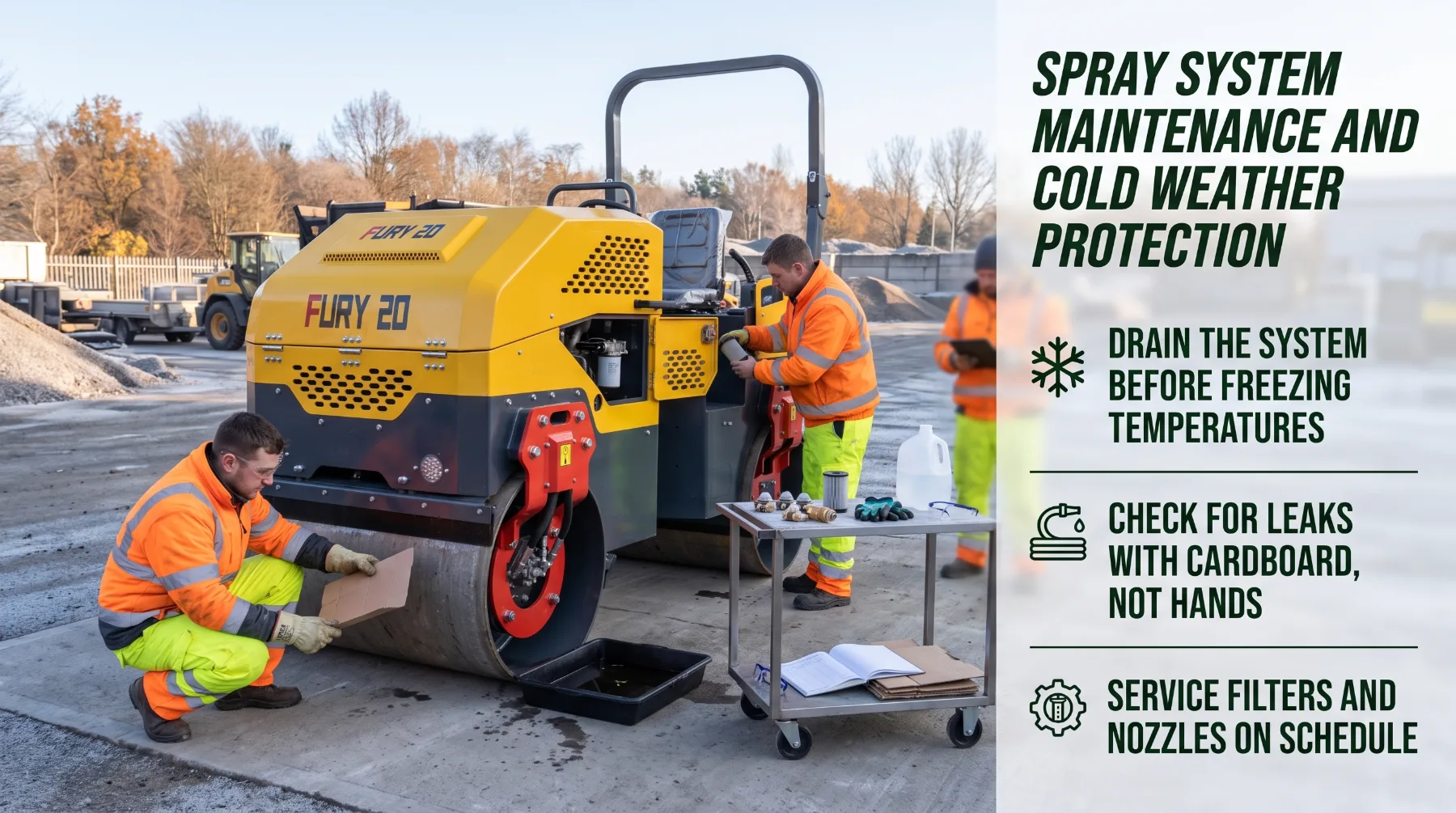 Road roller spray system maintenance and cold weather protection