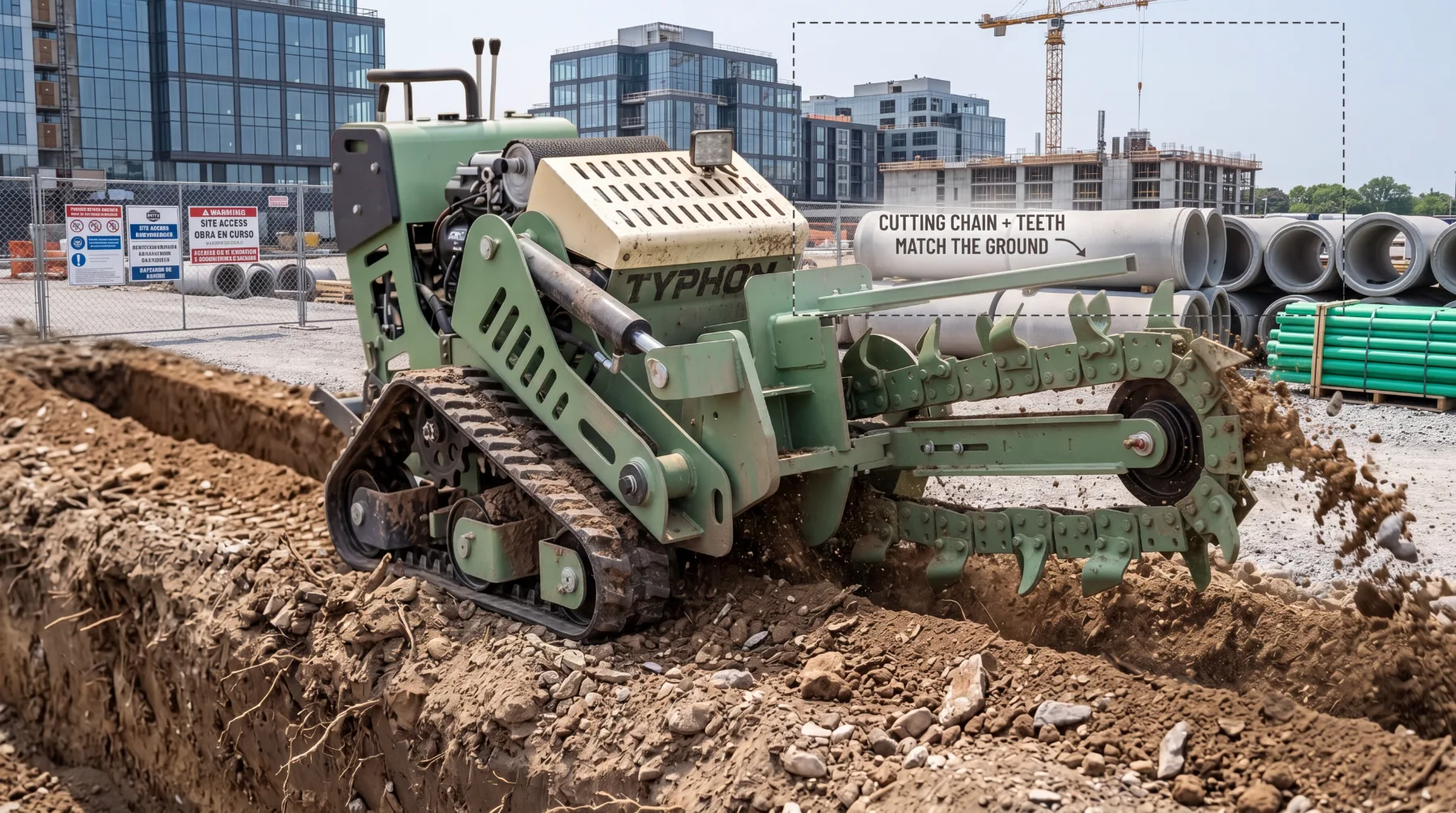 Skid steer trencher cutting chain and teeth