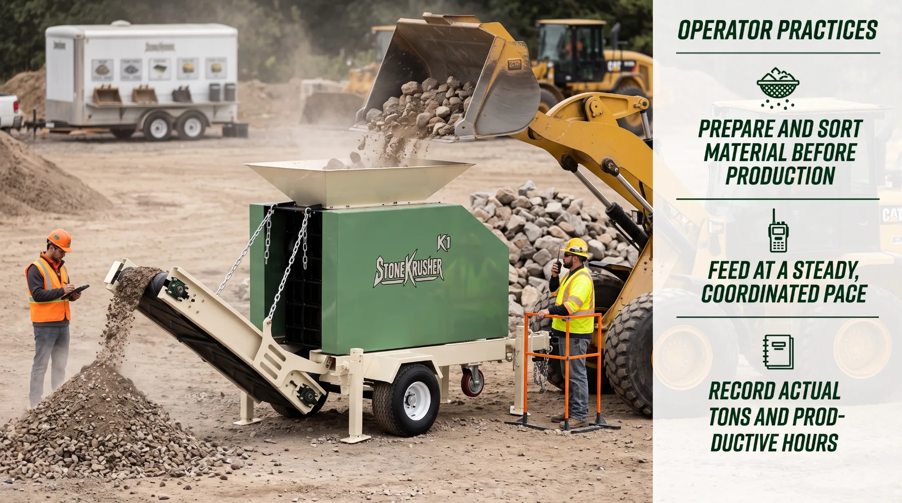 Stone crusher operator practices and steady material feeding