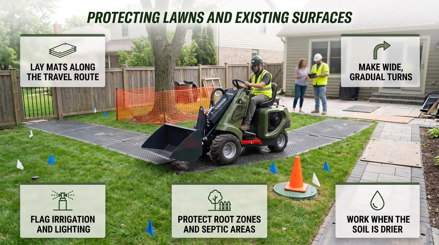 Protecting lawns and existing surfaces during tri-loader operation