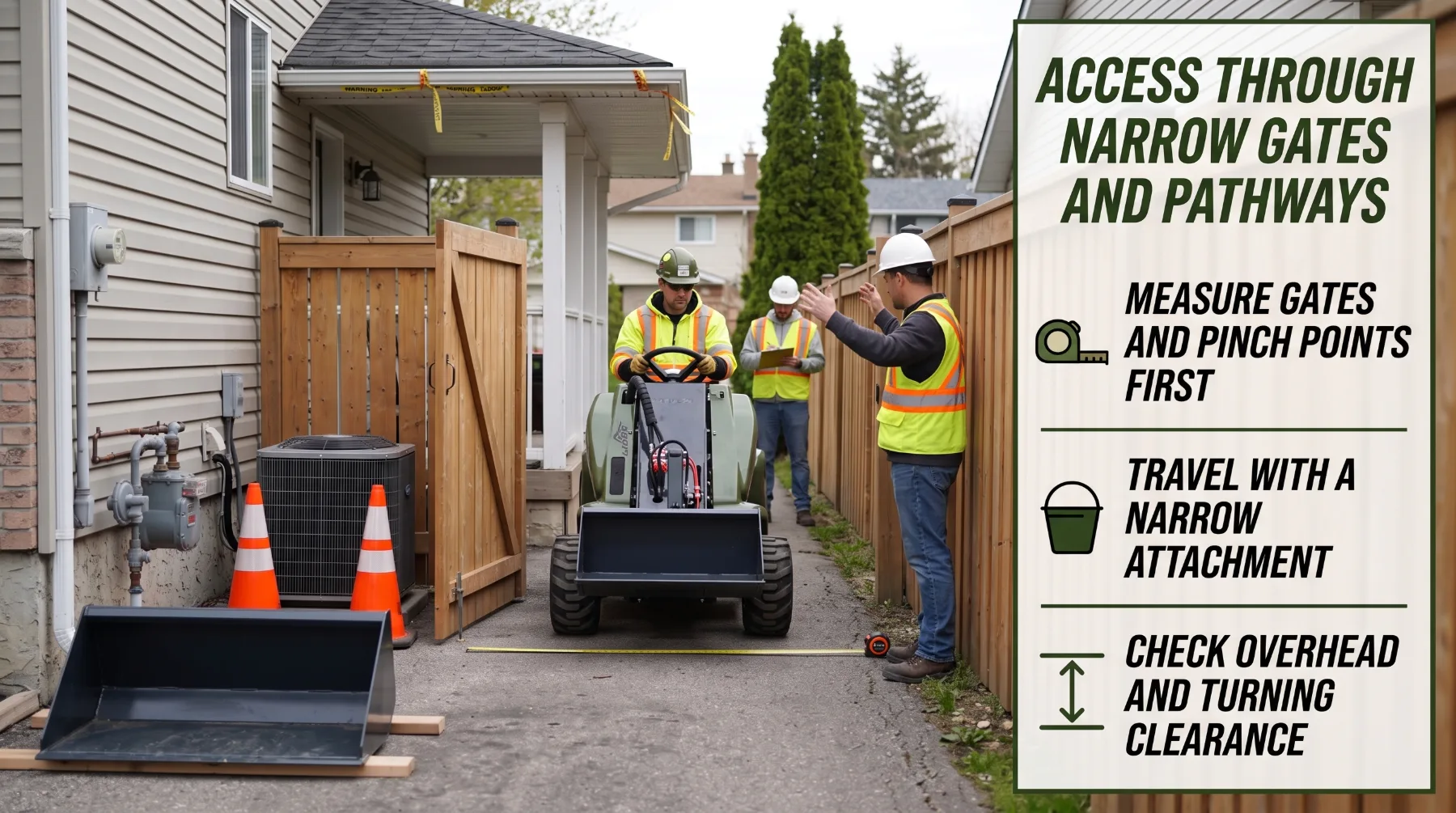 Compact tri-loader passing through narrow gates and pathways