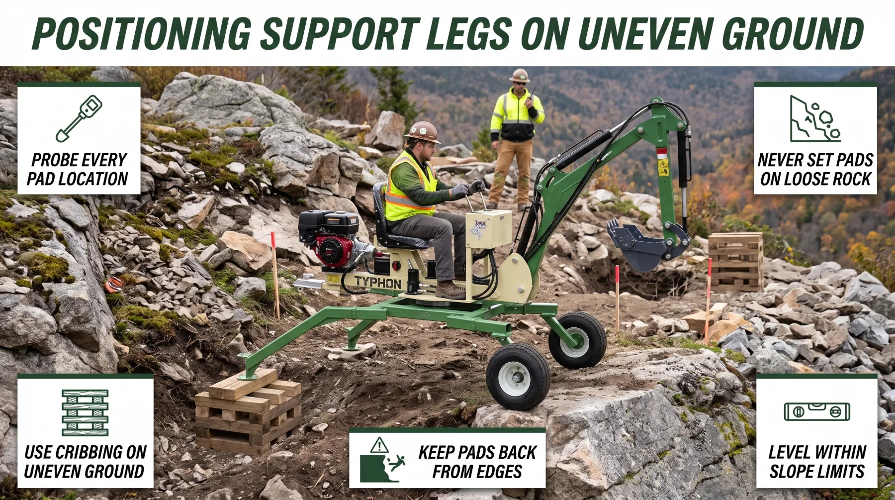 Positioning spider excavator support legs on uneven rocky ground