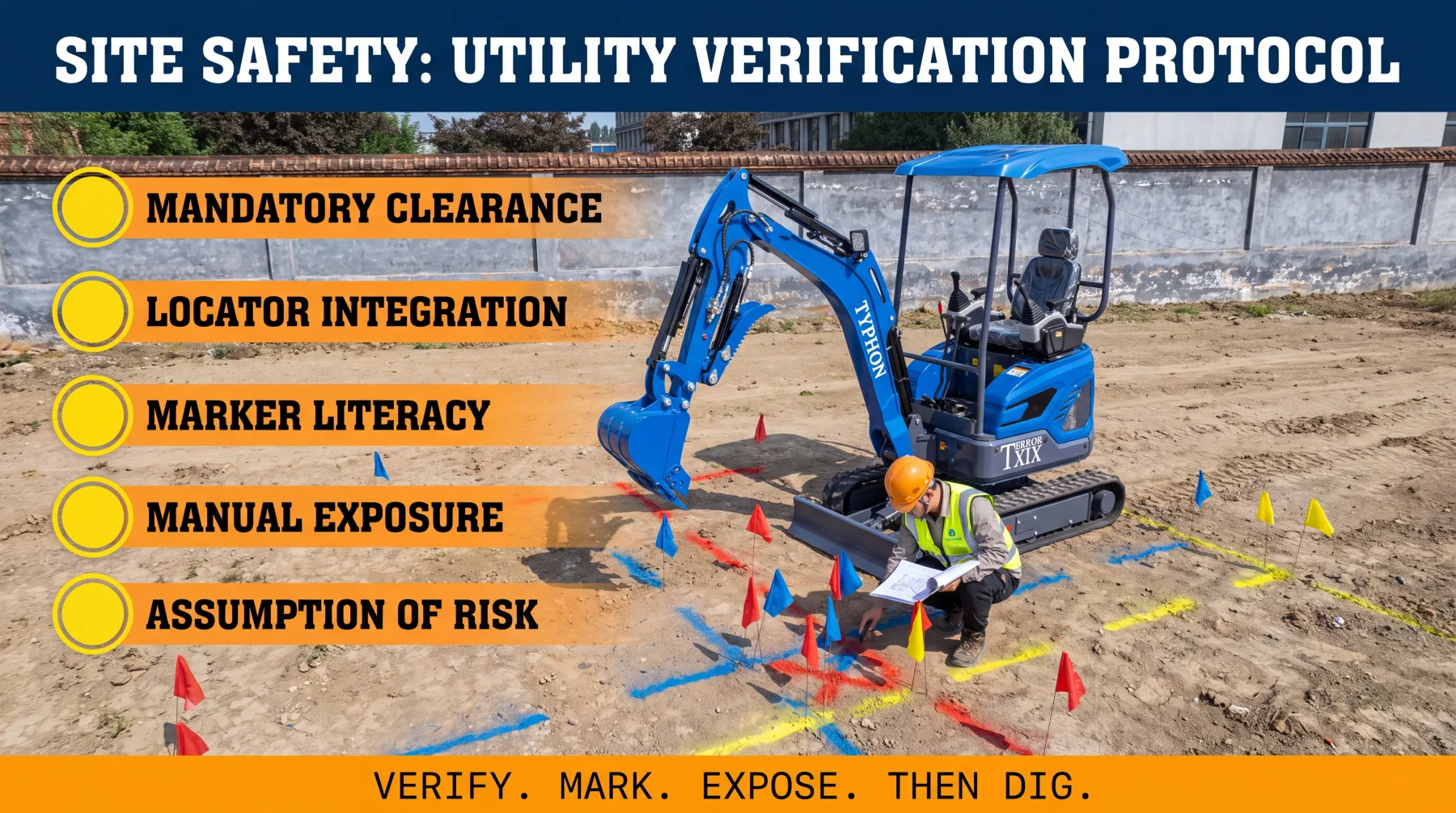 Excavator operator checking underground utilities before digging