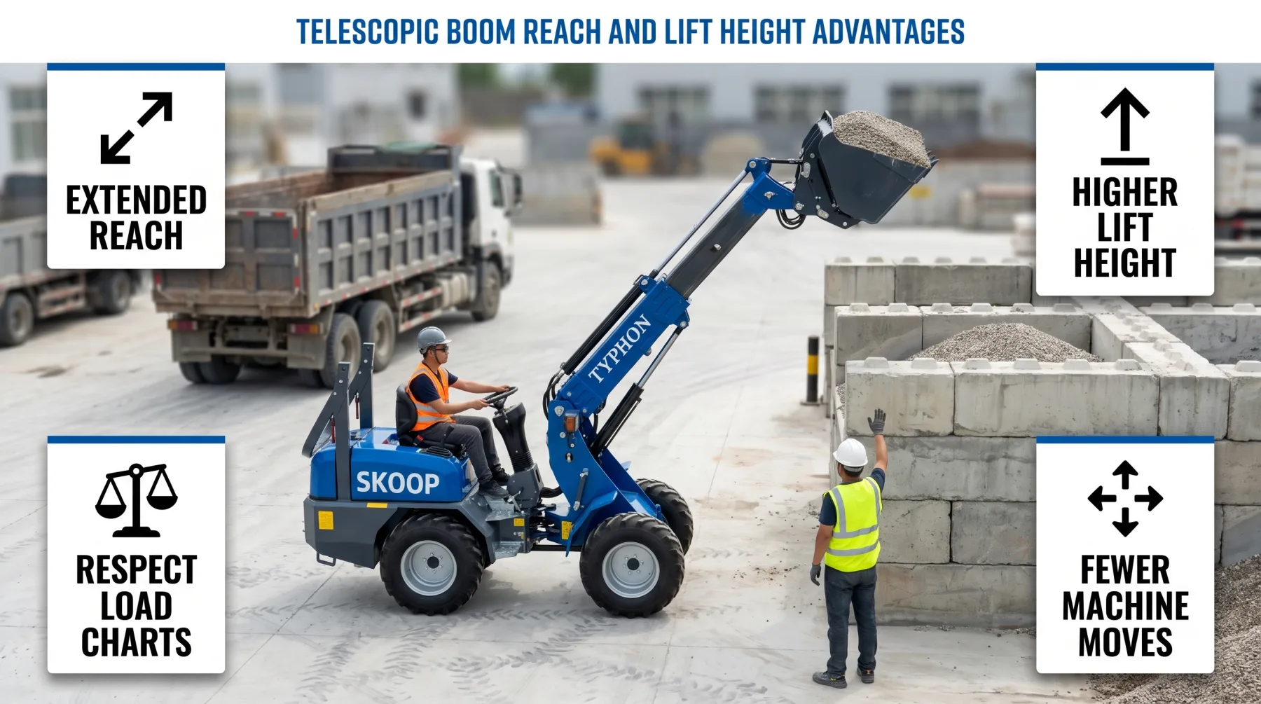 Telescopic Boom Reach and Lift Height Advantages Infographic