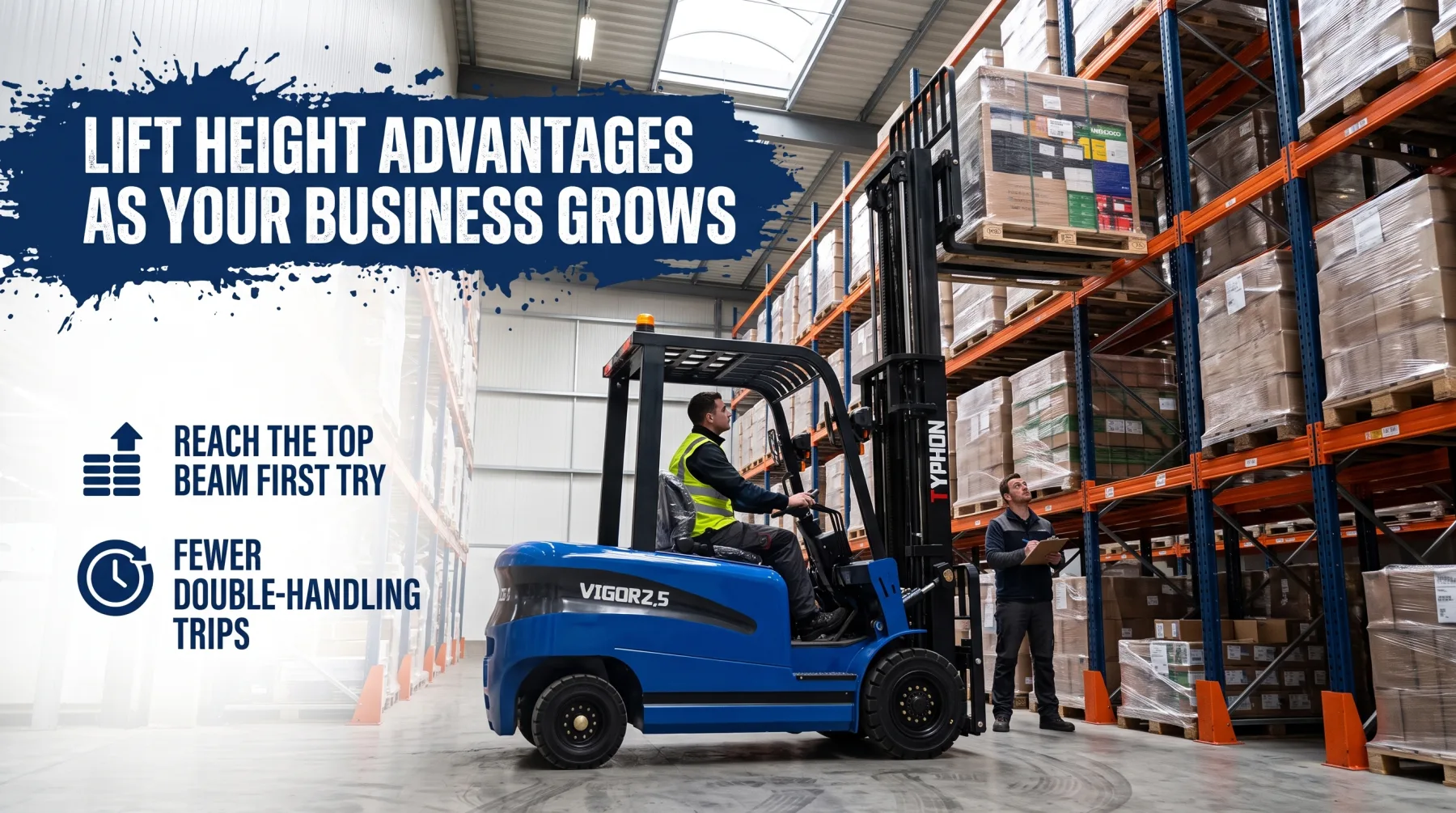 Three stage mast electric forklift showing lift height advantages in warehouse racking