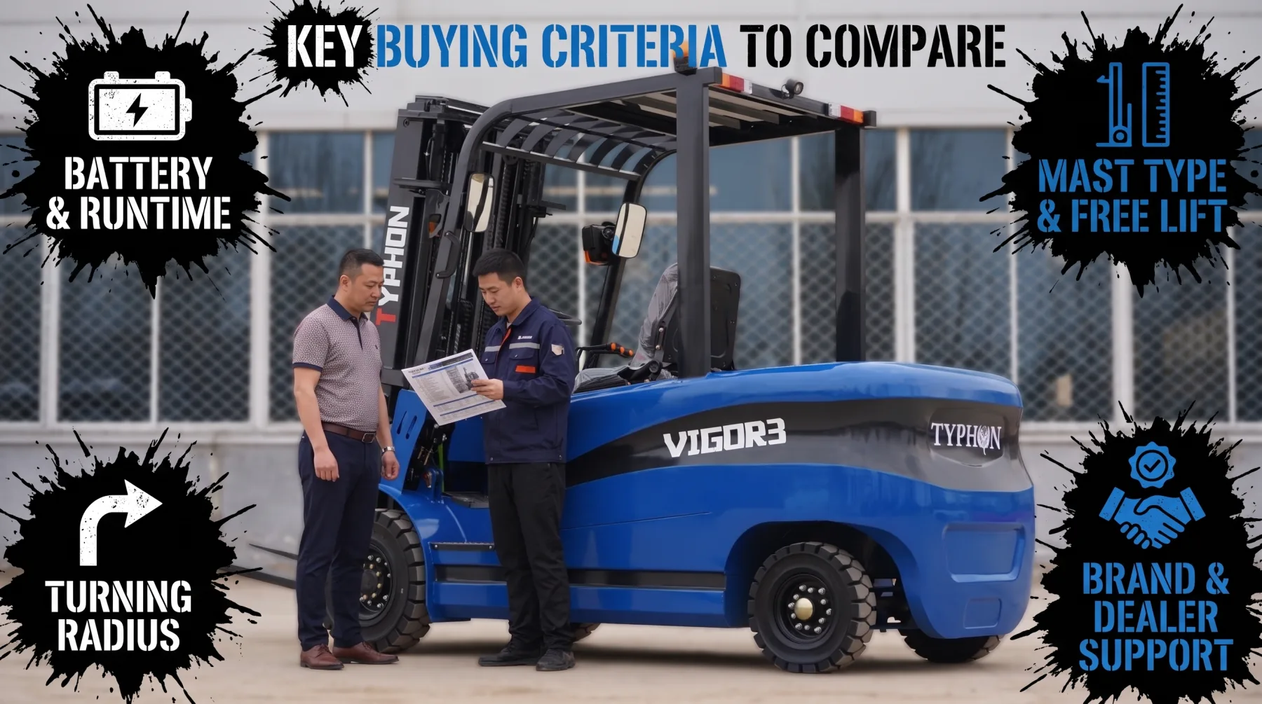 Three stage mast electric forklift key buying criteria including battery, mast, turning radius, and dealer support