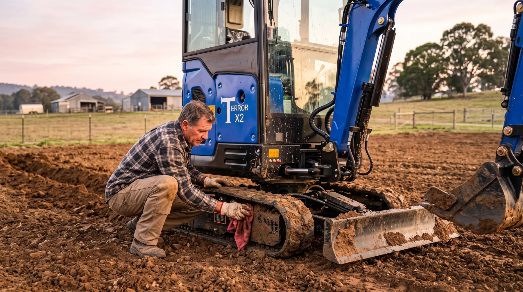 Mini excavator rubber track maintenance inspection