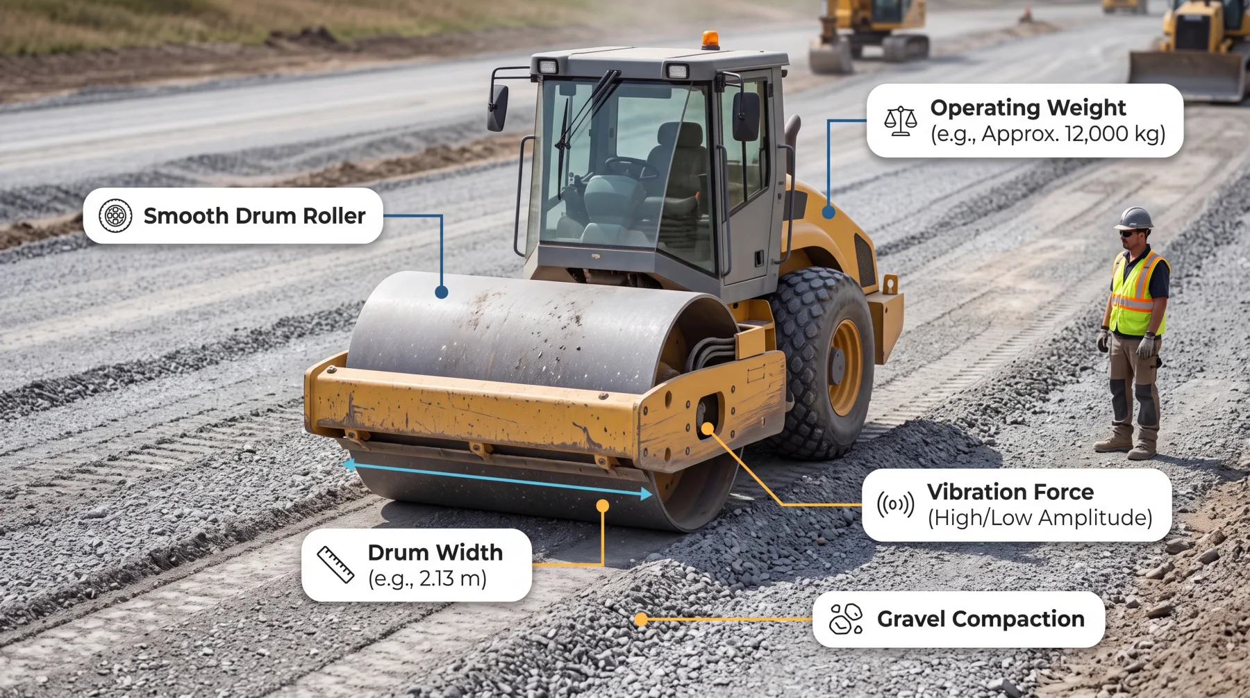 Road roller compacting gravel