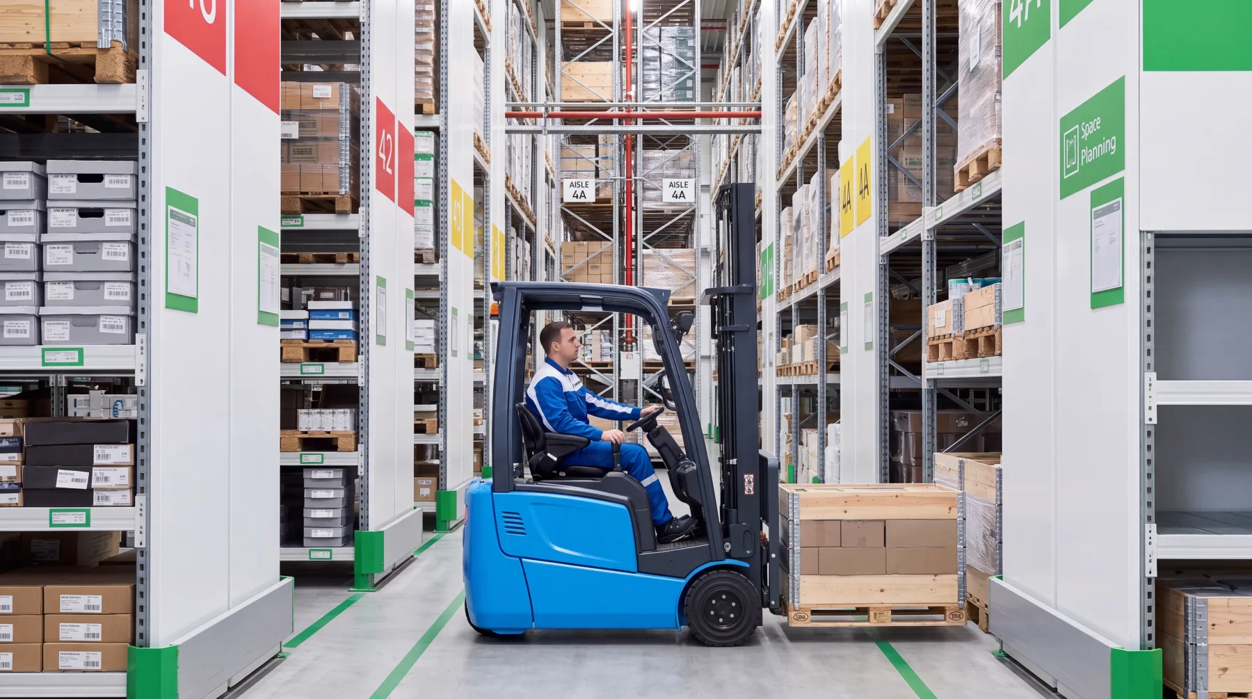 Compact forklift operating in a narrow warehouse aisle