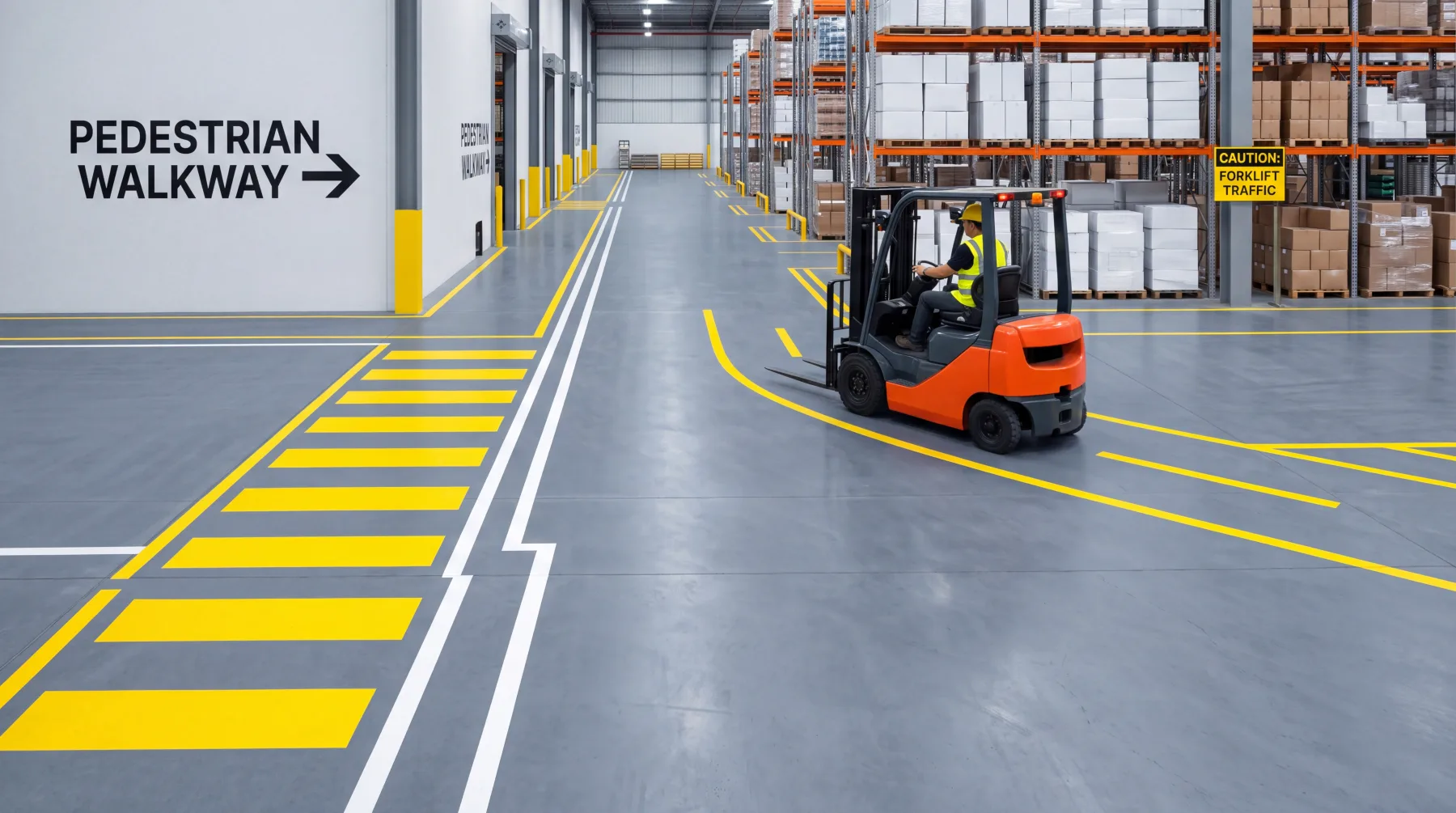 Forklift maneuvering safely near a pedestrian walkway