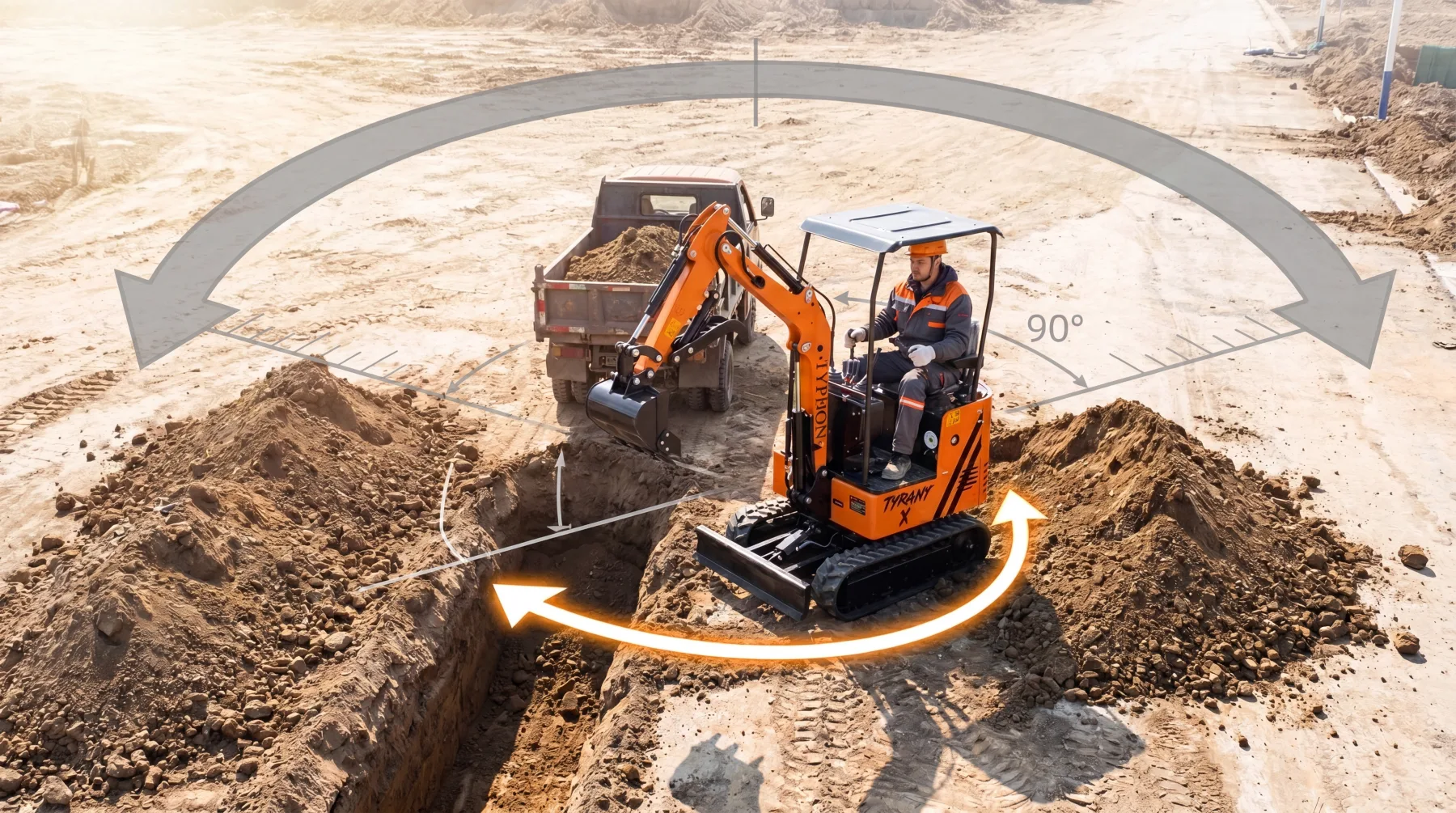 Mini excavator minimizing swing angle to improve digging cycle times and productivity