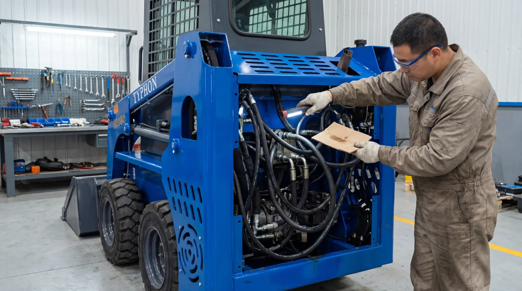 Skid steer hydraulic hose inspection