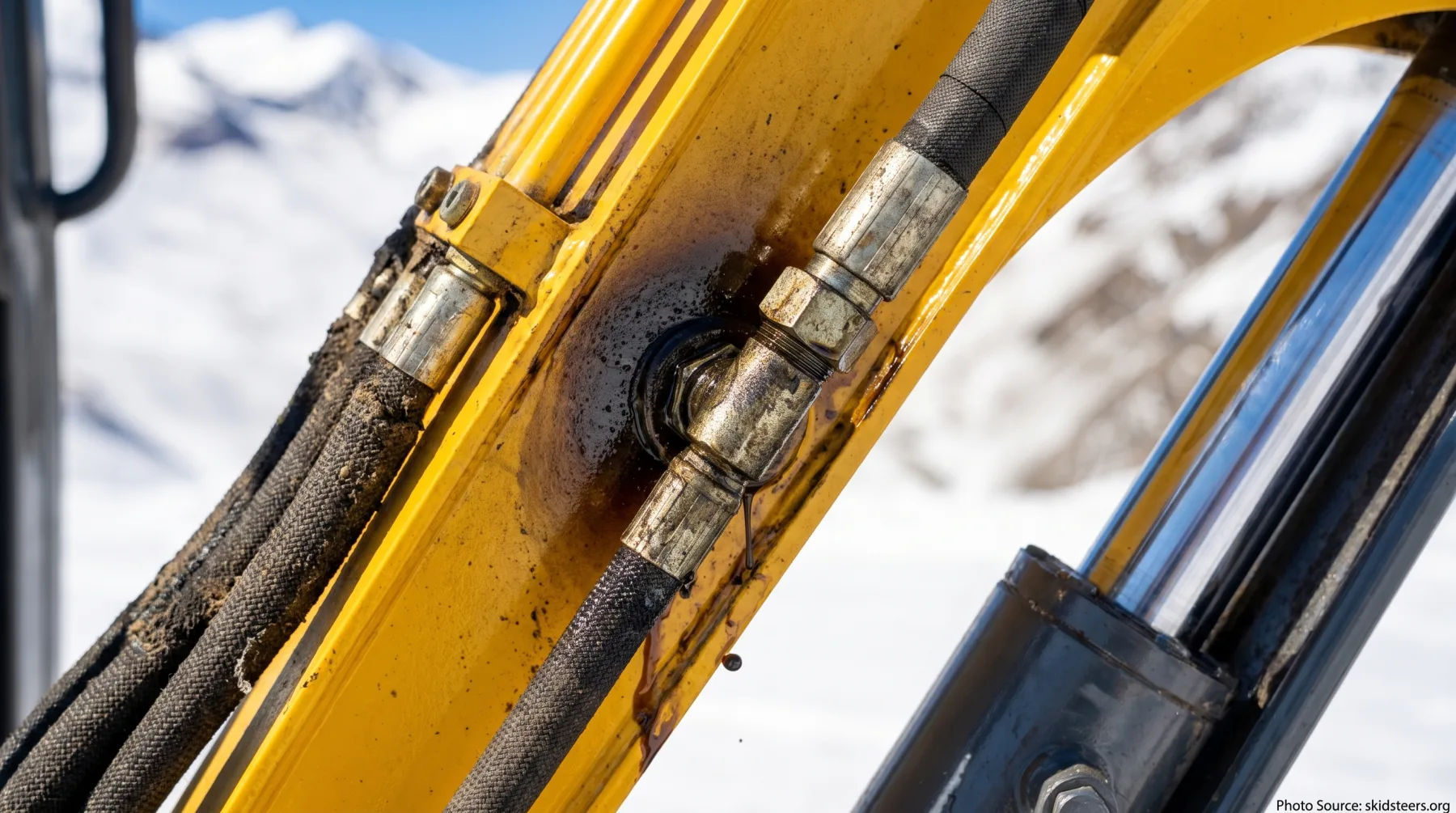 Common hydraulic leak locations on a mini excavator attachment
