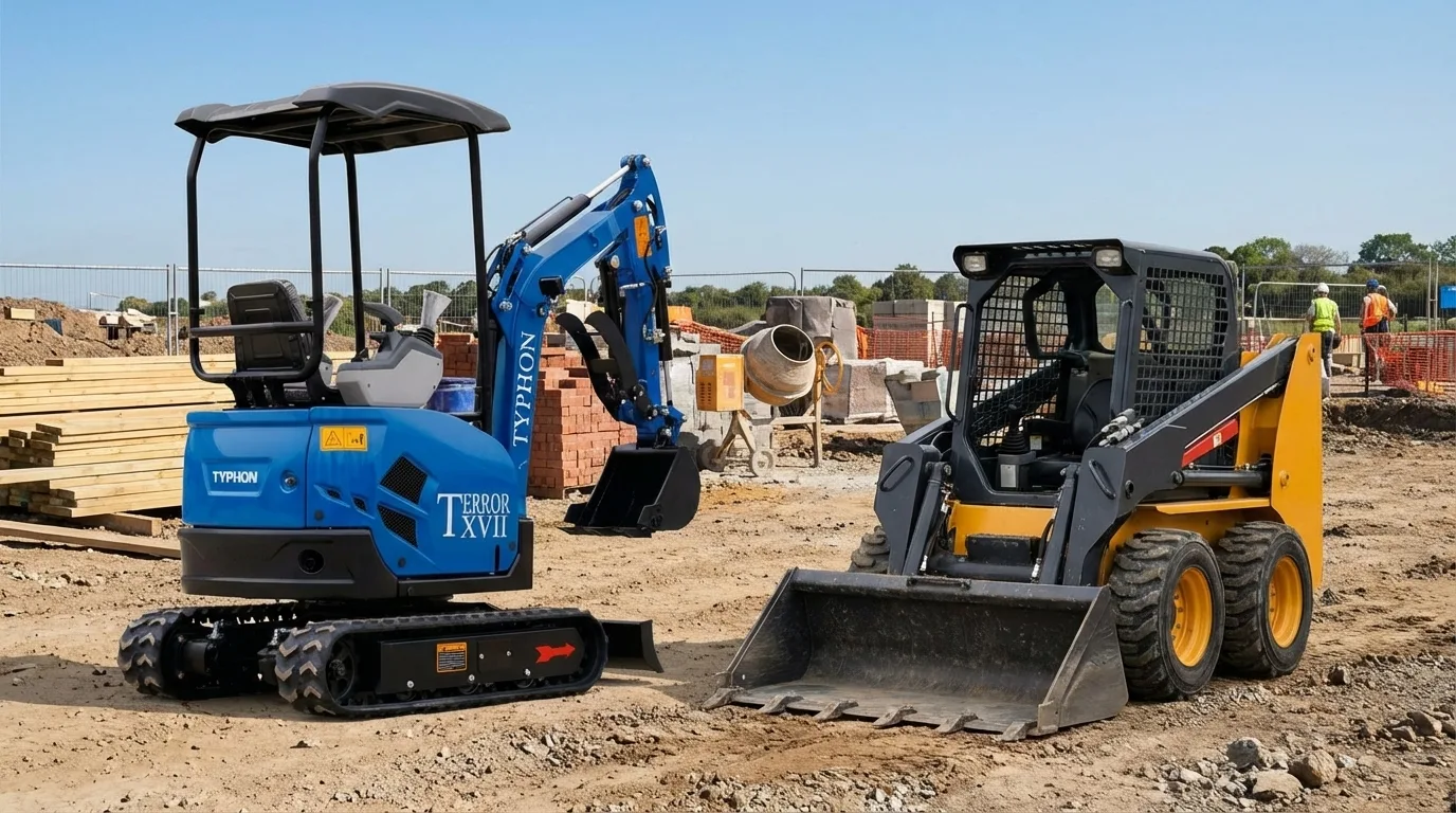 Mini excavator digging and grading on a worksite