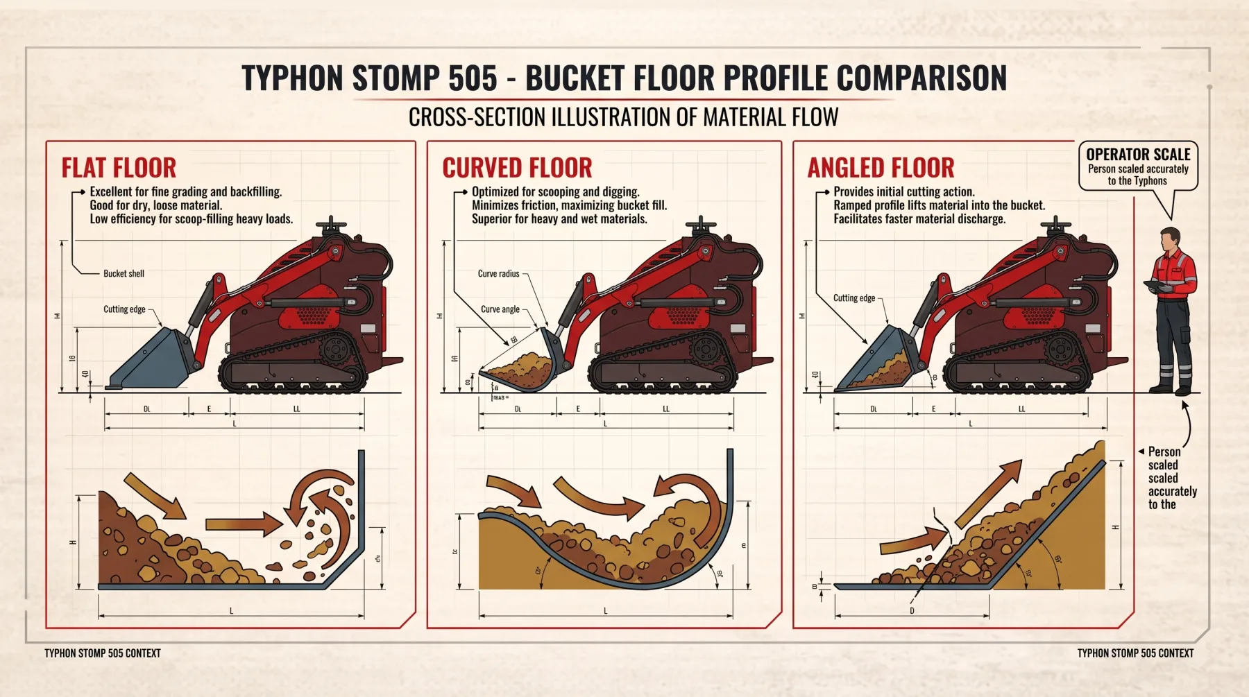 Curved skid steer bucket floor design